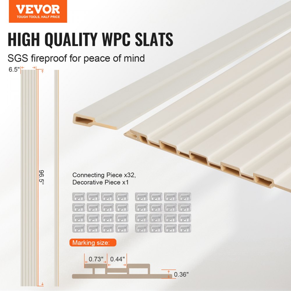 Panele akustyczne VEVOR, zestaw 8 sztuk, panele akustyczne, 2450 x 166 x 9 mm, dekoracyjne panele ścienne WPC z drewna do nowoczesnych ścian wewnętrznych, panele ścienne imitujące drewno do stylowego wystroju i redukcji hałasu, matowa biel