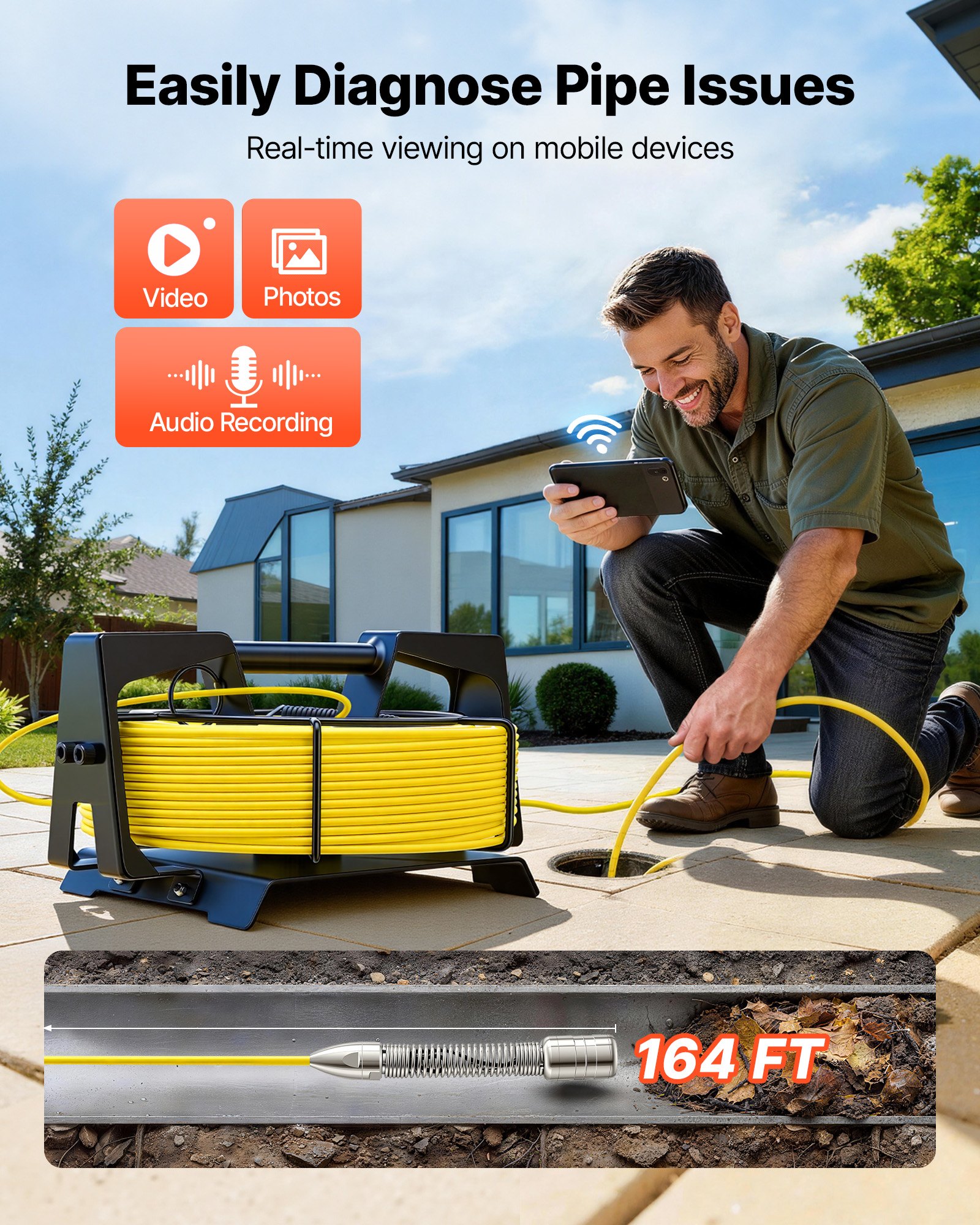 Kamera endoskopowa VEVOR z Wi-Fi, kamera inspekcyjna 50 m z 12 diodami LED, oświetlenie 3-stopniowe, kamera do rur IP68 z baterią 4500 mAh i oznaczeniem miernika, kamera kanalizacyjna HD 1080p z obiektywem 120° do inspekcji kanalizacji