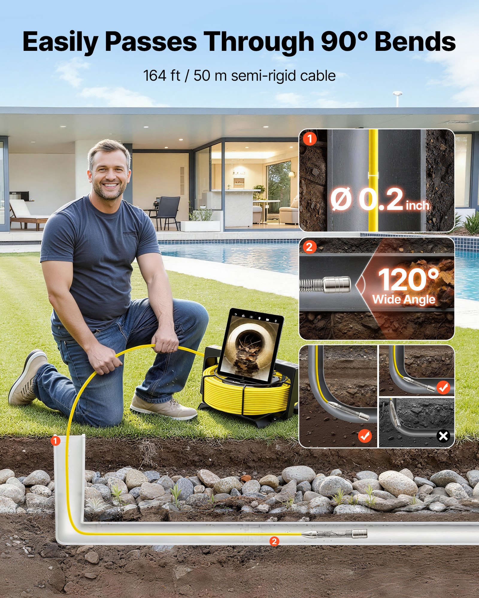 Kamera endoskopowa VEVOR z Wi-Fi, kamera inspekcyjna 50 m z 12 diodami LED, oświetlenie 3-stopniowe, kamera do rur IP68 z baterią 4500 mAh i oznaczeniem miernika, kamera kanalizacyjna HD 1080p z obiektywem 120° do inspekcji kanalizacji