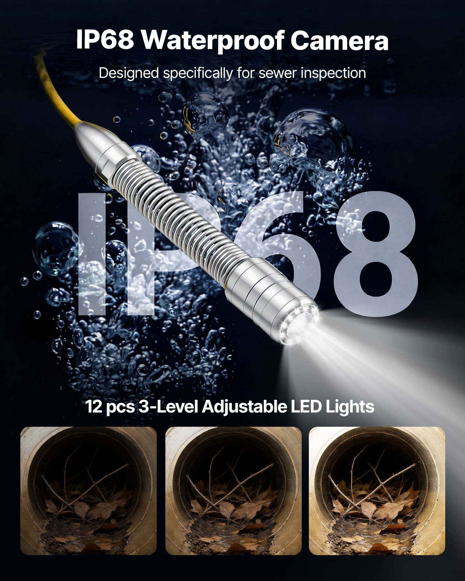 Kamera endoskopowa VEVOR z Wi-Fi, kamera inspekcyjna 50 m z 12 diodami LED, oświetlenie 3-stopniowe, kamera do rur IP68 z baterią 4500 mAh i oznaczeniem miernika, kamera kanalizacyjna HD 1080p z obiektywem 120° do inspekcji kanalizacji