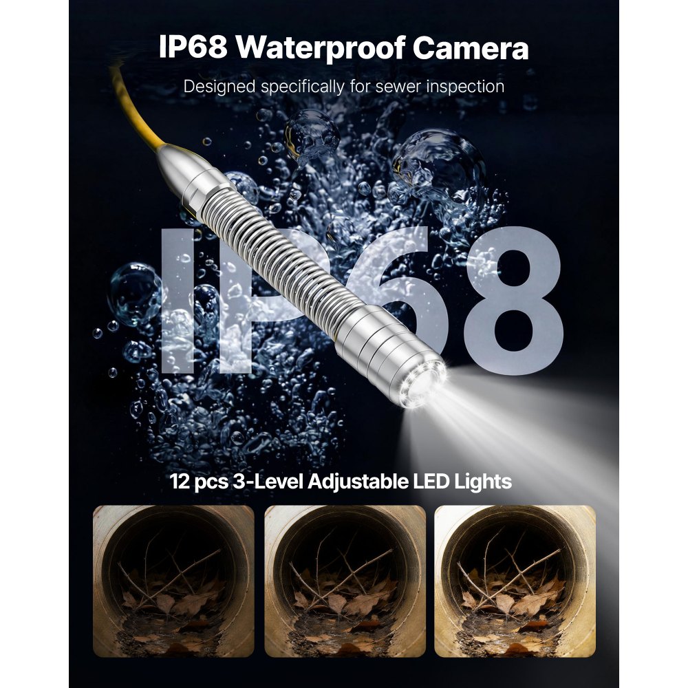 VEVOR 2026 Upgraded Sewer Camera with WiFi, 20m Drain Pipeline Camera, IP68 Snake Plumbing Cameras with Light- 12 LEDS, Wireless WiFi Connectivity to Phone/Tablet for Sewer Duct Pipe Inspection