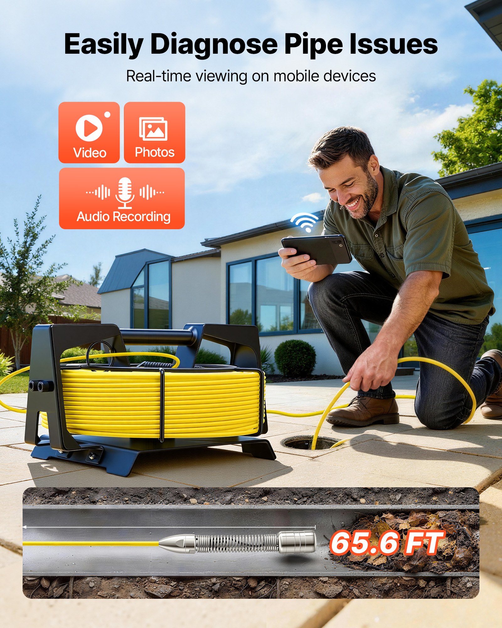 Kamera endoskopowa VEVOR z Wi-Fi, kamera inspekcyjna 20 m z 12 diodami LED, oświetlenie 3-stopniowe, kamera do rur IP68 z baterią 4500 mAh i oznaczeniem licznika, kamera kanalizacyjna HD 1080p z obiektywem 120° do inspekcji kanalizacji