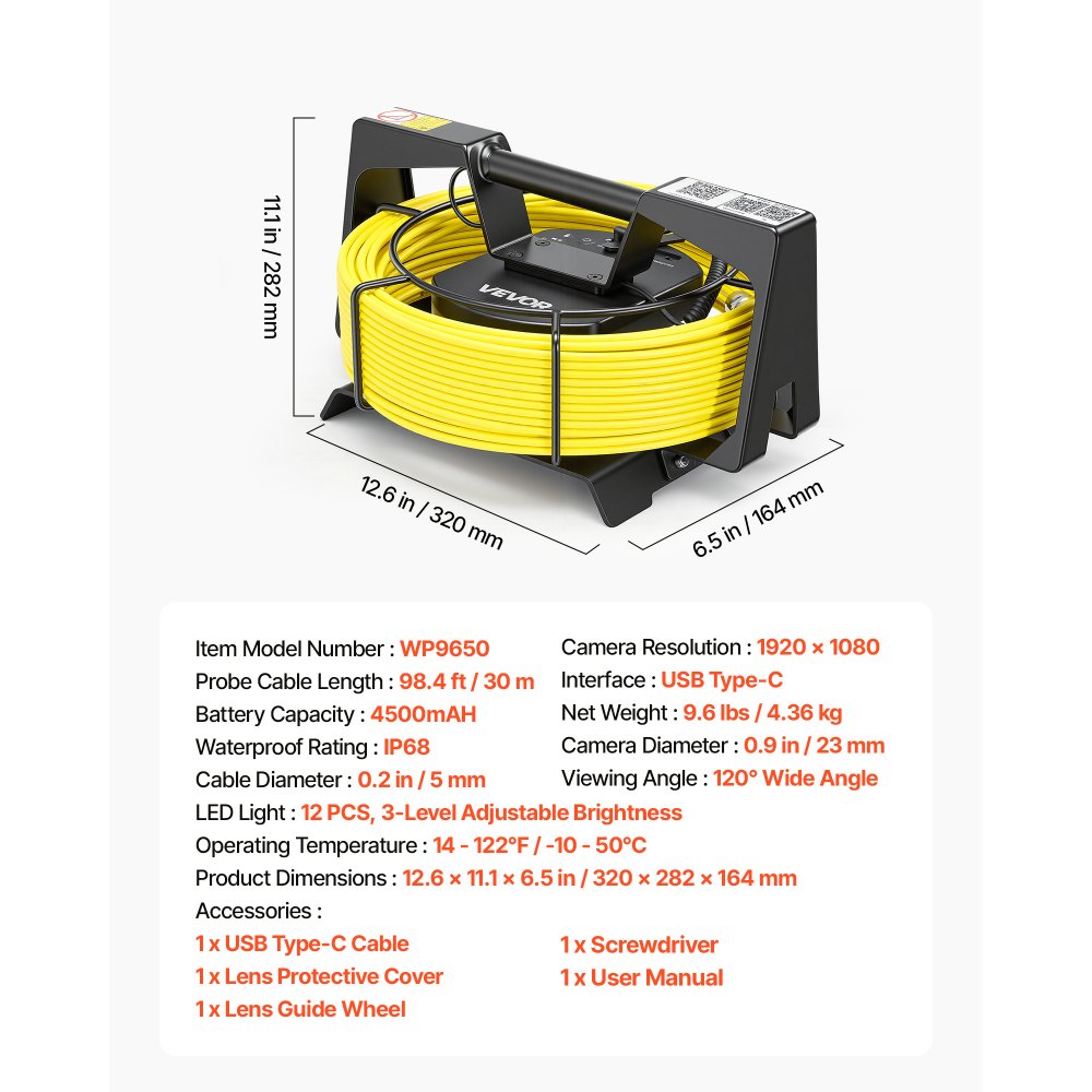 Kamera endoskopowa VEVOR z Wi-Fi, kamera inspekcyjna 30 m z 12 diodami LED, oświetlenie 3-stopniowe, kamera do rur IP68 z baterią 4500 mAh i oznaczeniem miernika, kamera kanalizacyjna HD 1080p z obiektywem 120° do inspekcji drenażu