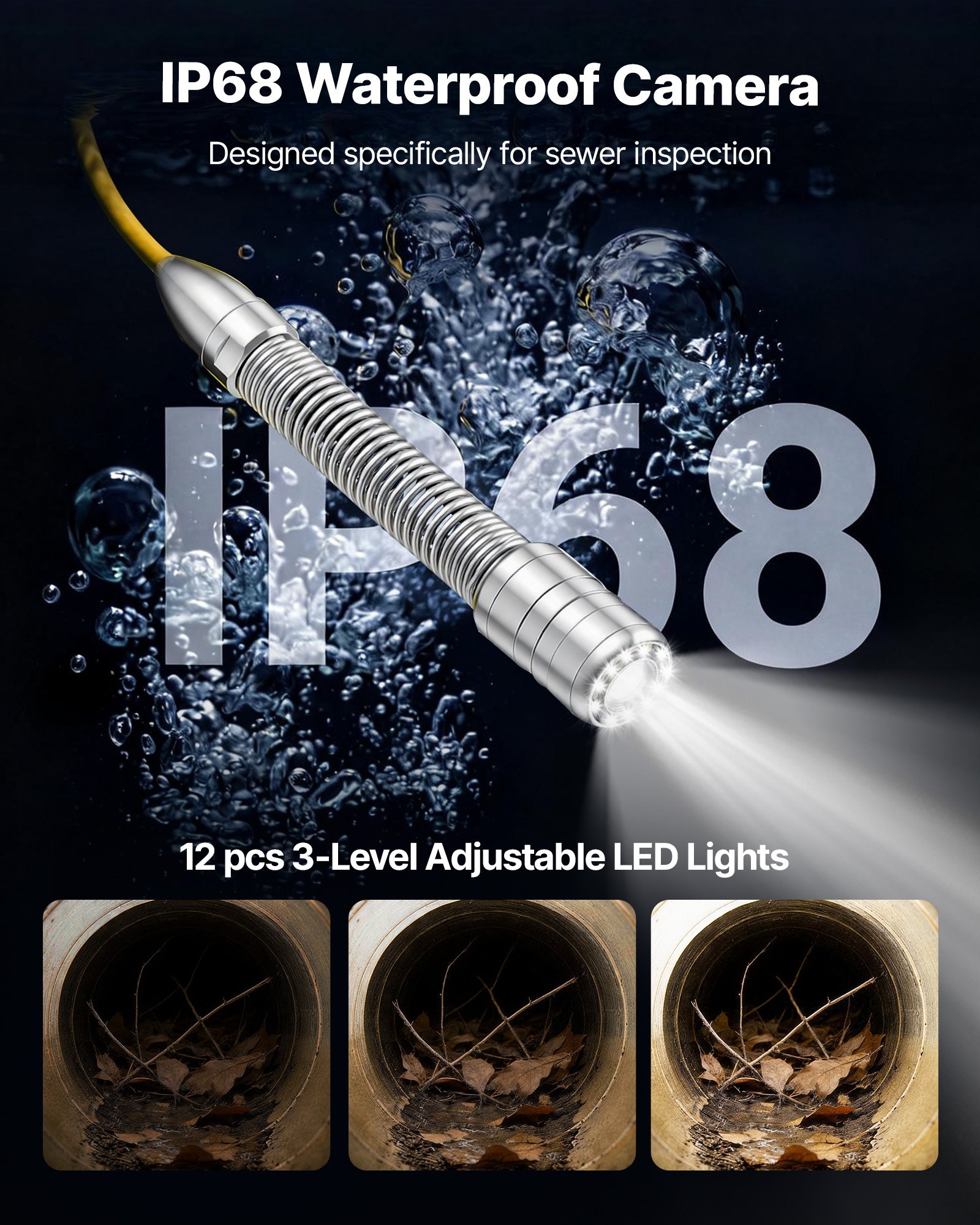 Kamera endoskopowa VEVOR z Wi-Fi, kamera inspekcyjna 30 m z 12 diodami LED, oświetlenie 3-stopniowe, kamera do rur IP68 z baterią 4500 mAh i oznaczeniem miernika, kamera kanalizacyjna HD 1080p z obiektywem 120° do inspekcji drenażu