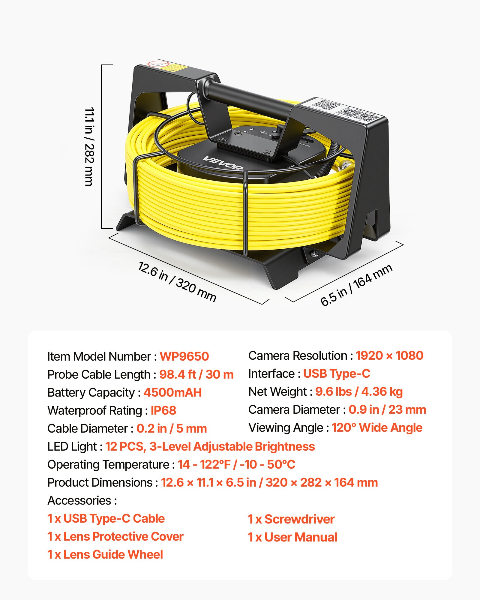 Kamera endoskopowa VEVOR z Wi-Fi, kamera inspekcyjna 30 m z 12 diodami LED, oświetlenie 3-stopniowe, kamera do rur IP68 z baterią 4500 mAh i oznaczeniem miernika, kamera kanalizacyjna HD 1080p z obiektywem 120° do inspekcji drenażu