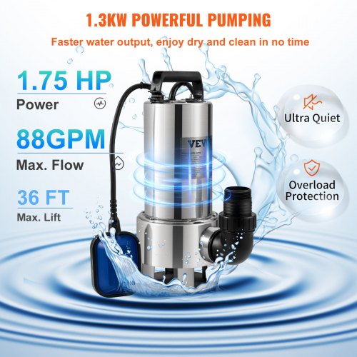 Pompa zanurzeniowa VEVOR 1300W pompa do brudnej wody 230V pompa ogrodowa wydajność 20000L/h pompa zanurzeniowa do brudnej wody maks. skok 11m IPX8 Idealna do pompowania wody z basenów, piwnic, oczek wodnych