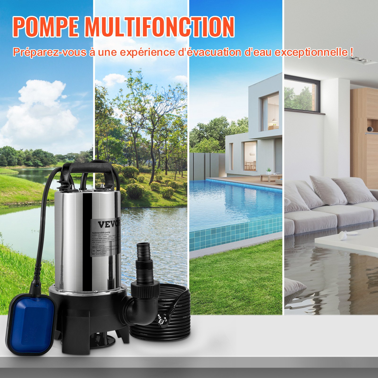 VEVOR Pompa zanurzeniowa 1100 W, pompa do brudnej wody, pompa ogrodowa 230 V, przepływ 333,3 l/min, pompa zanurzeniowa do brudnej wody, wyjście IPX8, możliwość cięcia, do pompowania wody z basenów i stawów