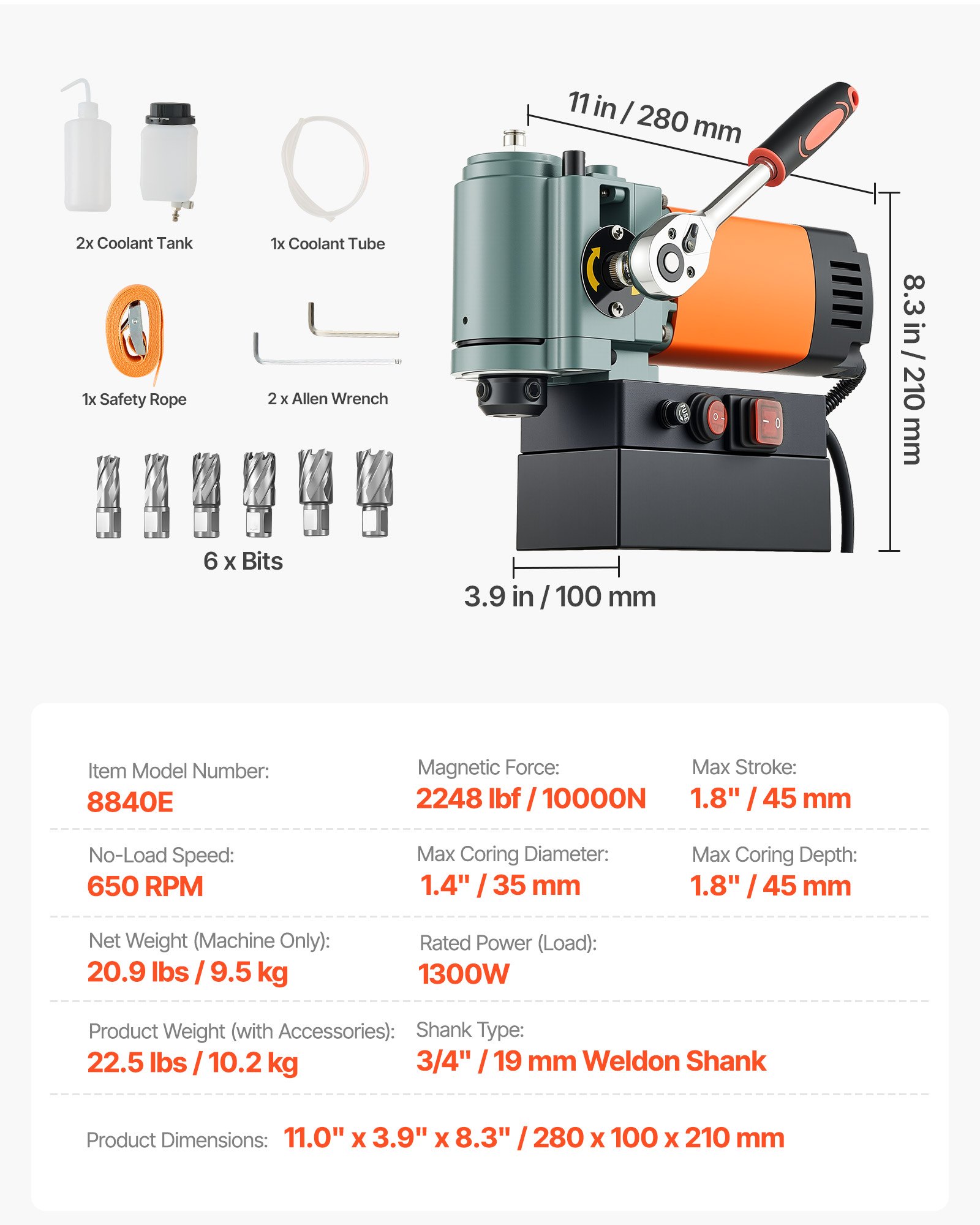 Wiertarka magnetyczna VEVOR Low Profile, 1300 W, średnica wiertła 35 mm, siła 10000 N, przenośna wiertarka magnetyczna z chwytem Weldon, do powierzchni metalowych, do przemysłu, do majsterkowania