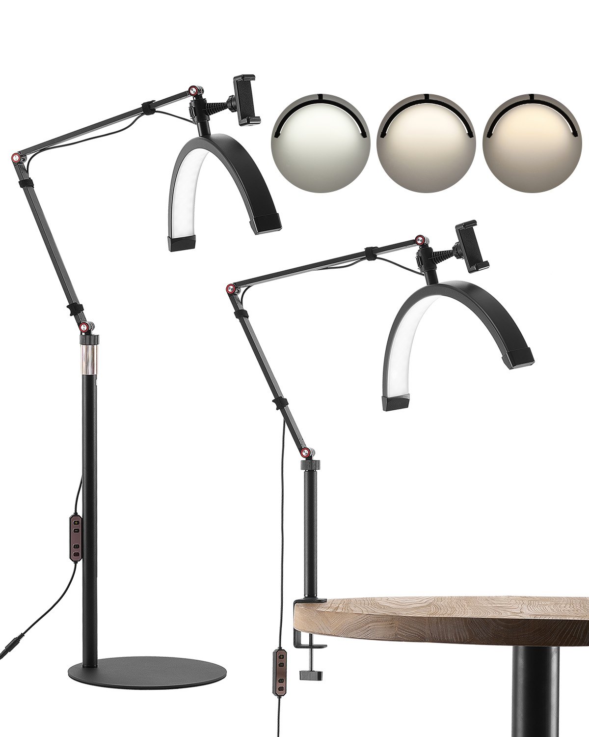 VEVOR Half Moon Light 2 w 1 lampa podłogowa LED, lampa biurkowa, lampa do przedłużania rzęs, lampa do rzęs ze stojakiem na telefon, dla wizażystów, salonów kosmetycznych, pielęgnacji skóry, kolor czarny