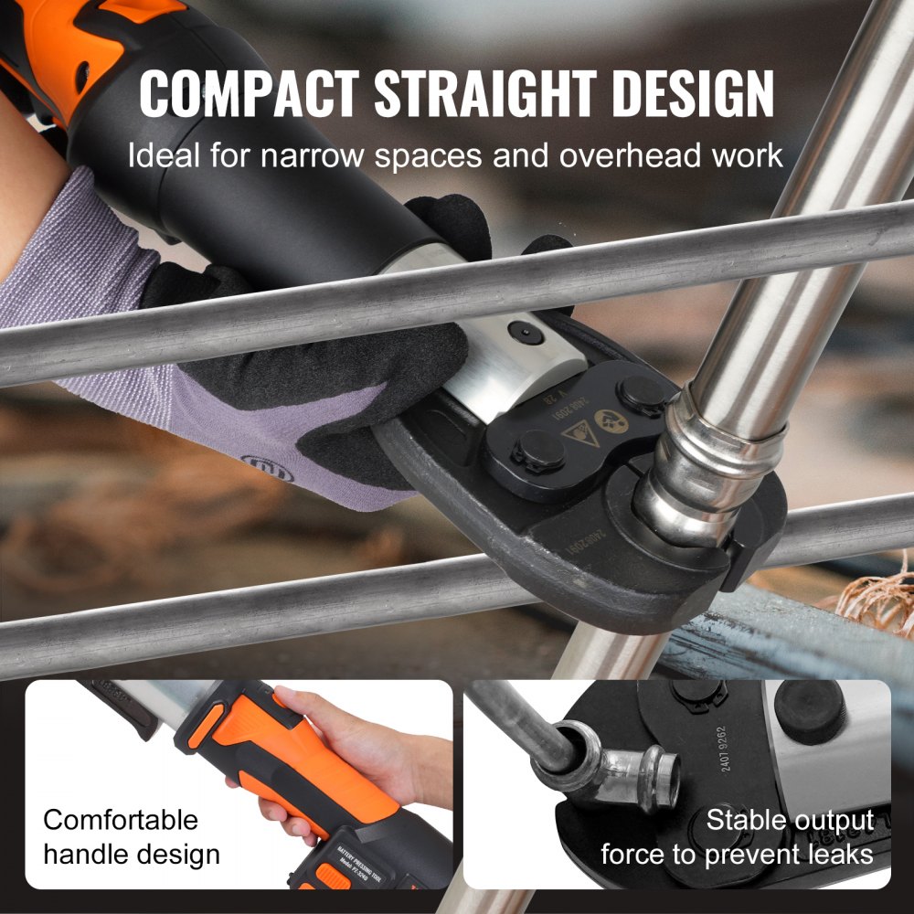 VEVOR crimping tool and battery set, Pro crimping tool, electric pipe crimping tool with M15, M22, and M28 jaws, crimping tool set with 2 x 18V 2.0Ah batteries, fast charger, and carrying case