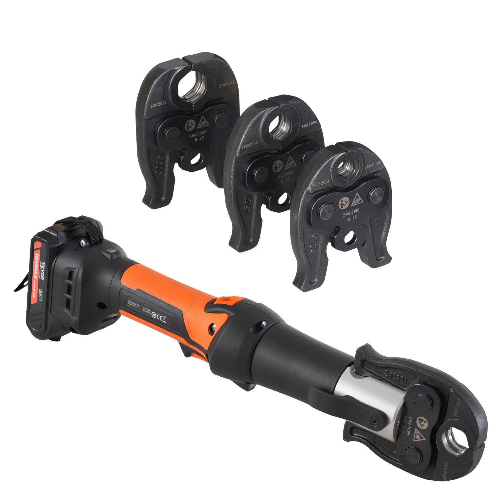 VEVOR crimping tool and battery set, Pro crimping tool, electric pipe crimping tool with M15, M22, and M28 jaws, crimping tool set with 2 x 18V 2.0Ah batteries, fast charger, and carrying case