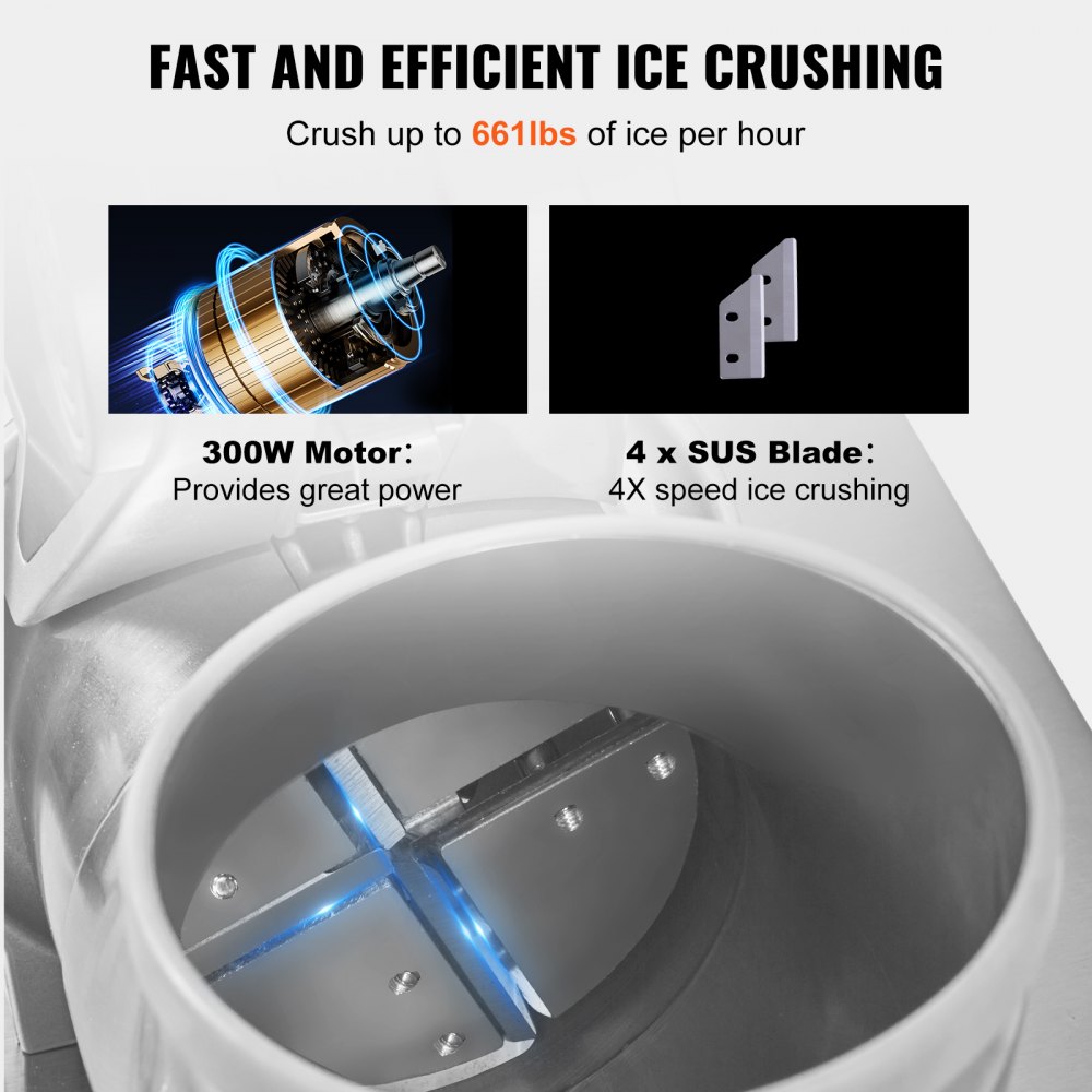 Kruszarka do lodu VEVOR 300 kg/h, kruszarka do lodu ze stali nierdzewnej 300 W, 575 x 310 x 480 mm, energooszczędna, z plastikową miską i 4 ostrzami