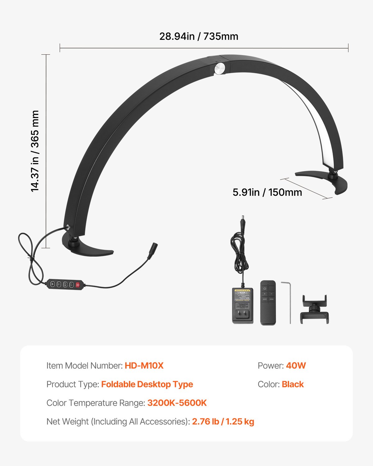VEVOR Lampa biurkowa półksiężycowa do paznokci z uchwytem na telefon (40 W, 735 mm długości) Lampa do techniki paznokci, lampa stołowa do manicure z regulowaną jasnością, lampa stołowa LED do przedłużania rzęs