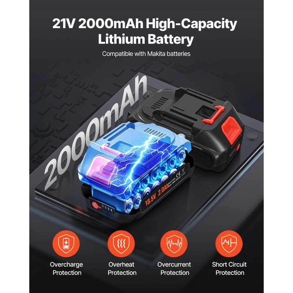 Smarownica akumulatorowa VEVOR, 55 MPa, jednoręczna z akumulatorem 2,0 Ah i oświetleniem LED, wężem 90 cm i torbą transportową, spustem, kompatybilna z akumulatorami Makita 18 V, do smarowania pojazdów lub maszyn
