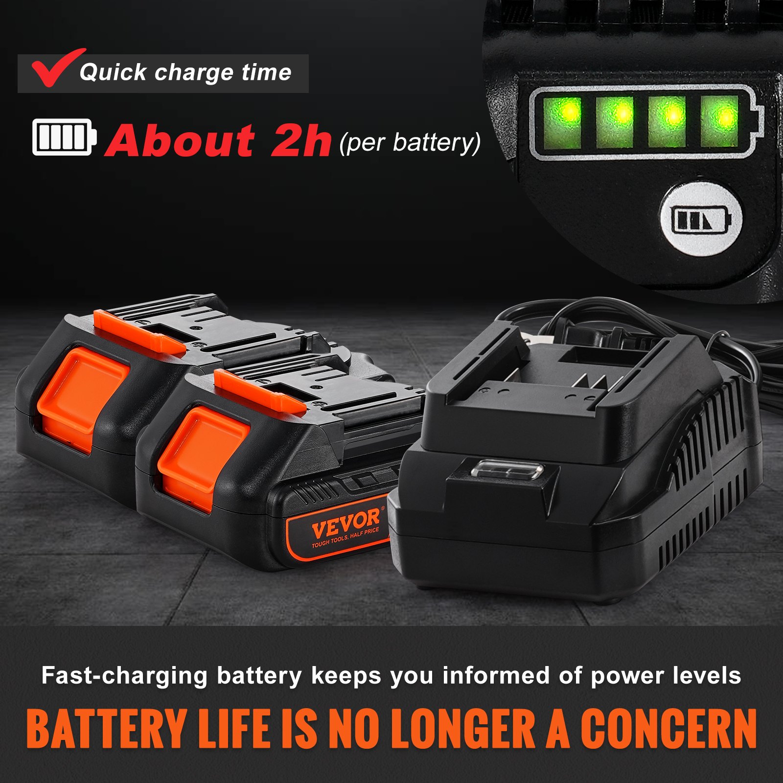 VEVOR 20V Cordless Grease Gun 500g, 10,000 PSI Working Pressure, 125g/min Oil Flow Rate, Includes 2 x 2.0Ah Batteries, Φ9x990mm Hose and Fast Charger