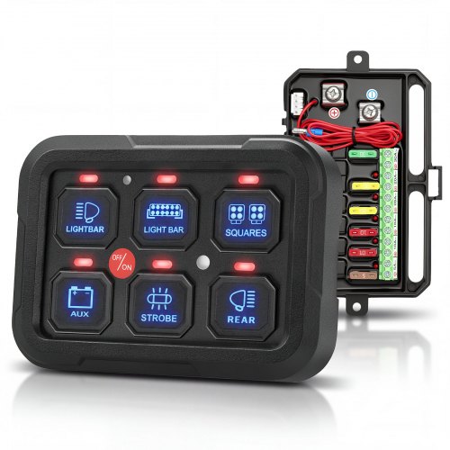 Panel przełączników VEVOR 6-drożny, pole przełączników 12-24 V z podświetleniem LED do samochodów osobowych, ciężarowych i łodzi, 1440 W, 60 A, z 3 trybami przełączania, ochroną IP65, monitorowaniem temperatury i regulowanym uchwytem panelu