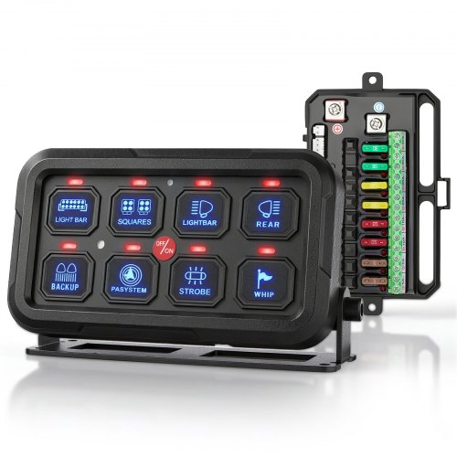 Panel przełączników VEVOR 8-drożny, podświetlenie LED 12-24 V do samochodów osobowych, ciężarowych i łodzi, 1440 W, 60 A, ze sterowaniem za pomocą aplikacji, 3 trybami przełączania, ochroną IP65 i regulowanym kątem montażu