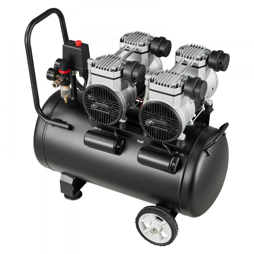 Kompresor powietrza VEVOR 3 kW, kompresor bezolejowy ze zbiornikiem powietrza 50 l, niezwykle cichy kompresor o wydajności 255 l/min przy ciśnieniu 6,2 bara i maks. 8 barów, przenośny kompresor powietrza z kółkami i uchwytem do warsztatu i majsterkowania