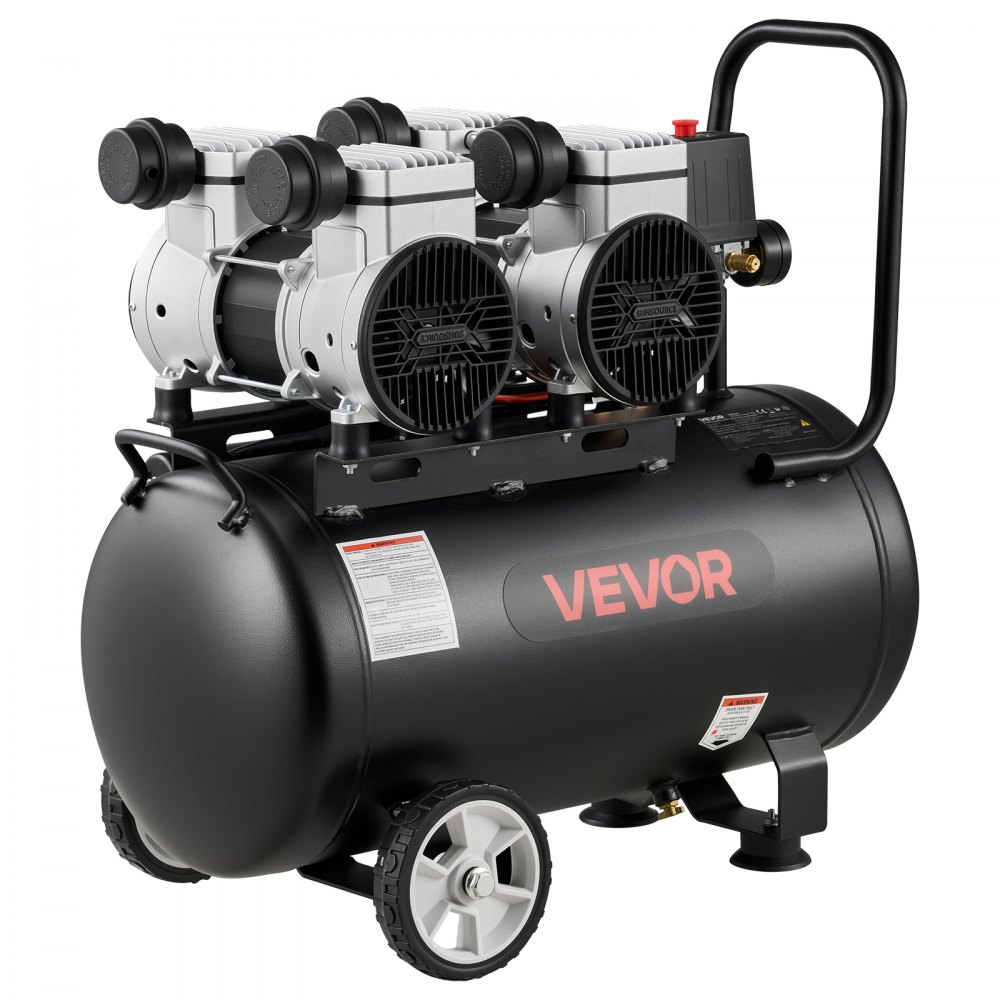 Kompresor powietrza VEVOR 3 kW, kompresor bezolejowy ze zbiornikiem powietrza 50 l, niezwykle cichy kompresor o wydajności 255 l/min przy ciśnieniu 6,2 bara i maks. 8 barów, przenośny kompresor powietrza z kółkami i uchwytem do warsztatu i majsterkowania