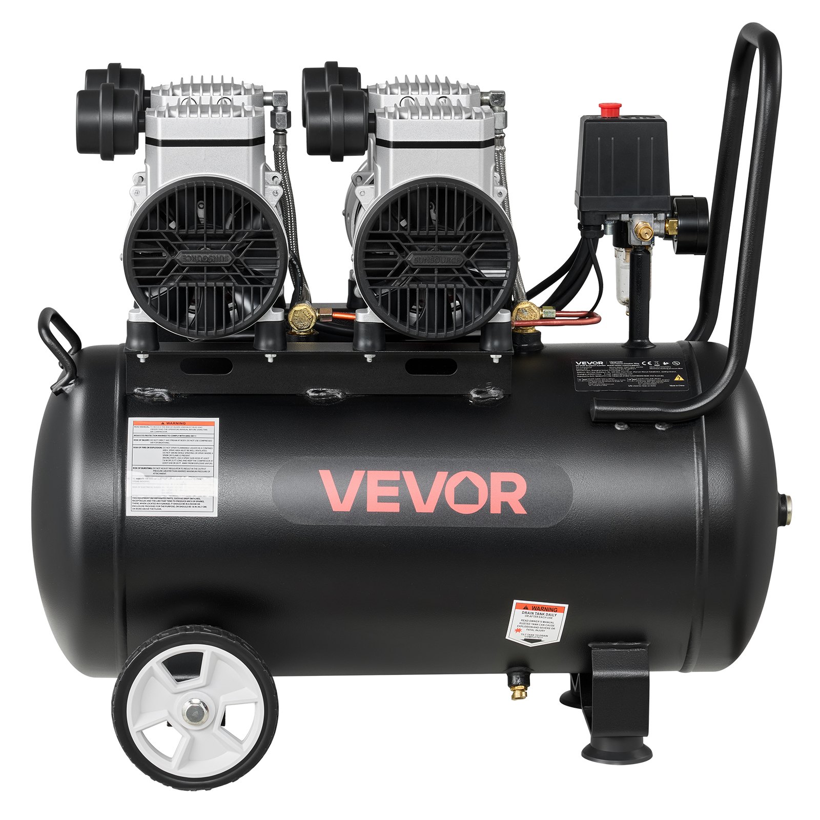 Kompresor powietrza VEVOR 3 kW, kompresor bezolejowy ze zbiornikiem powietrza 50 l, niezwykle cichy kompresor o wydajności 255 l/min przy ciśnieniu 6,2 bara i maks. 8 barów, przenośny kompresor powietrza z kółkami i uchwytem do warsztatu i majsterkowania
