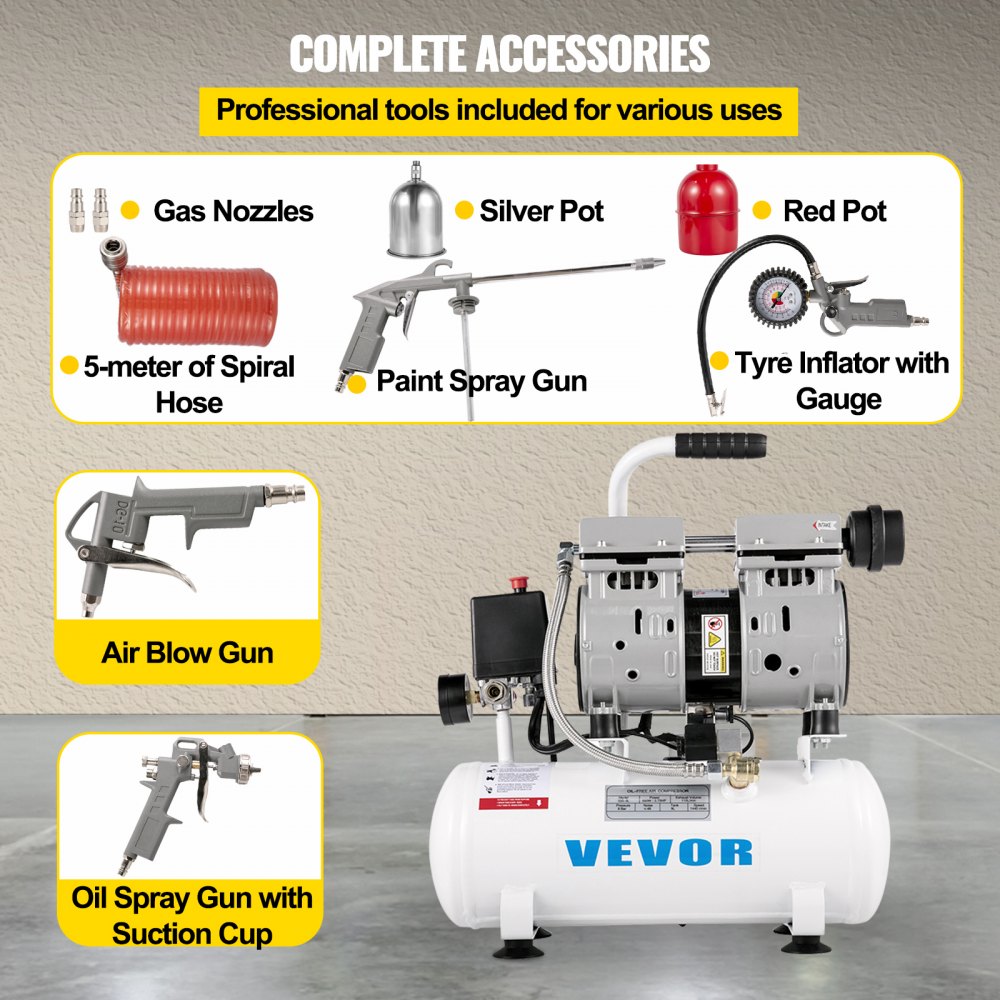 VEVOR Whisper Compressor Bezolejowa sprężarka powietrza 9L 550W Cichy kocioł na sprężone powietrze