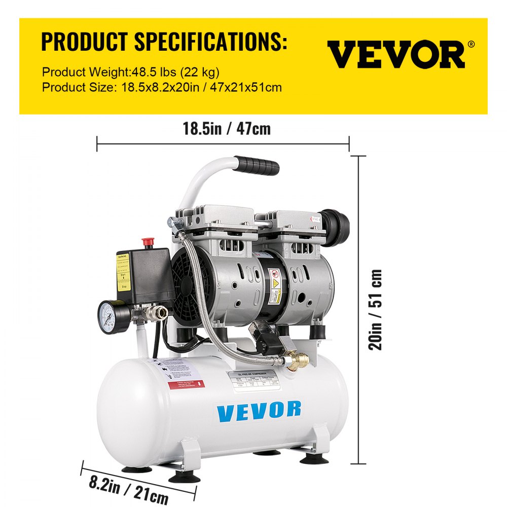 VEVOR Whisper Compressor Bezolejowa sprężarka powietrza 9L 550W Cichy kocioł na sprężone powietrze