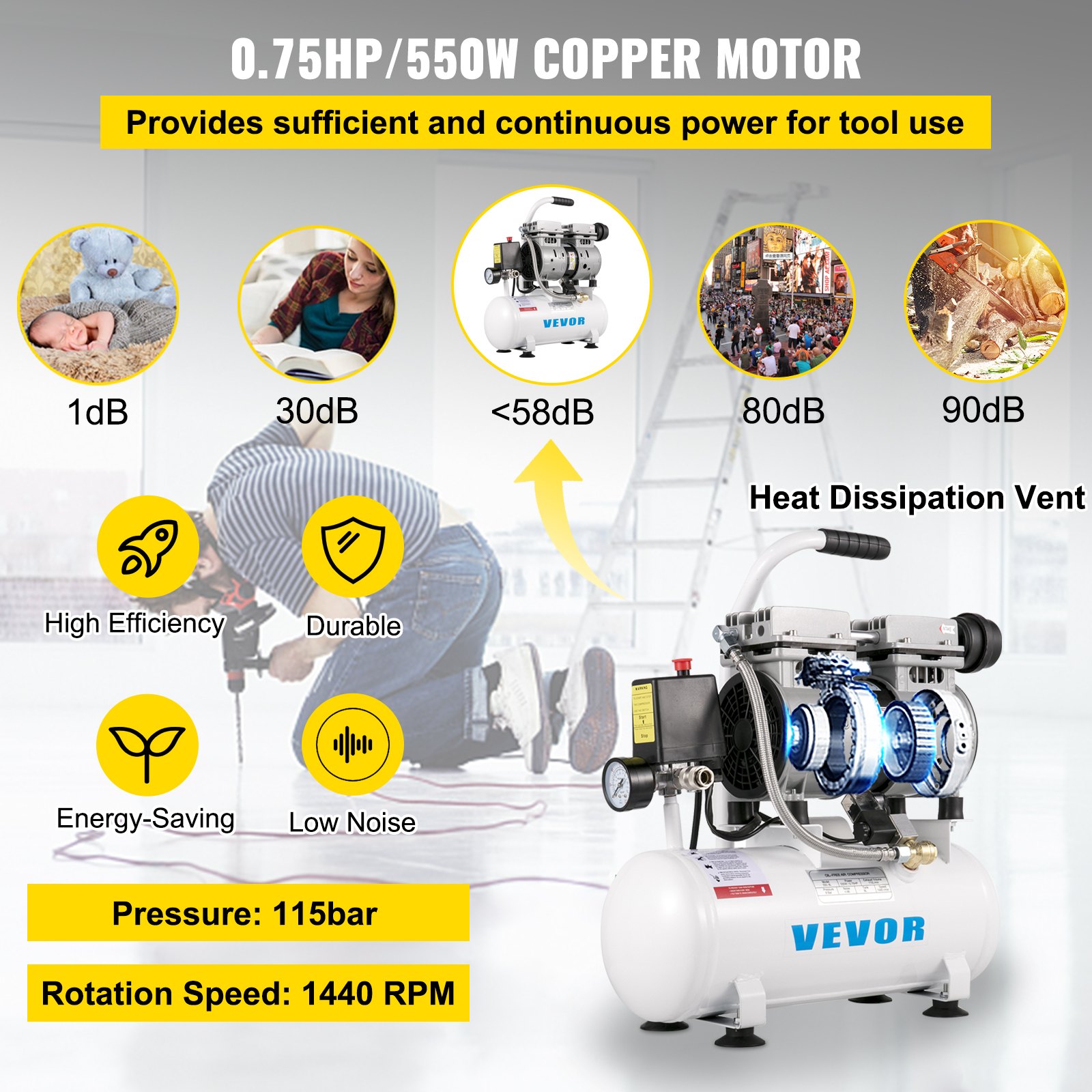 VEVOR Whisper Compressor Bezolejowa sprężarka powietrza 9L 550W Cichy kocioł na sprężone powietrze