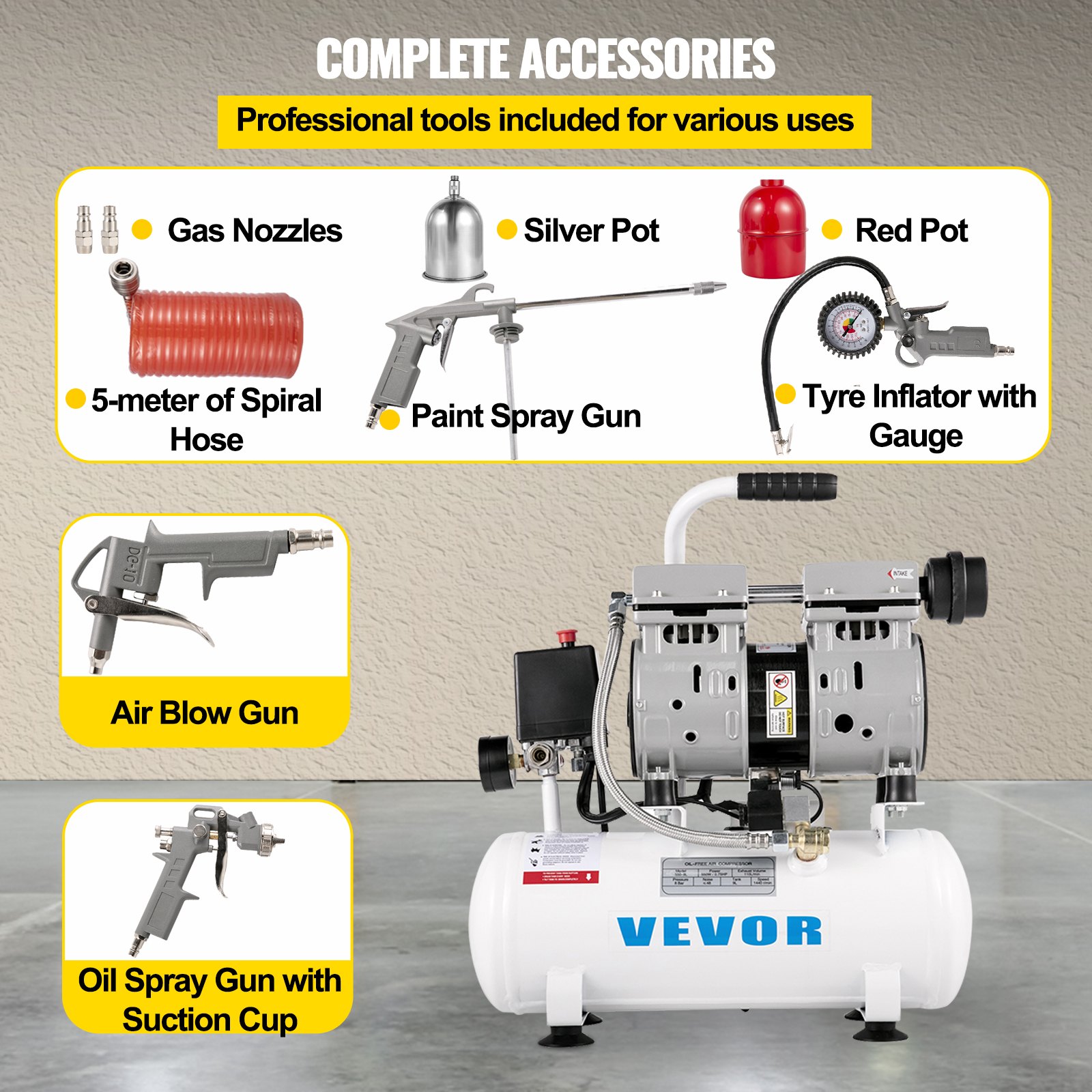 VEVOR Whisper Compressor Bezolejowa sprężarka powietrza 9L 550W Cichy kocioł na sprężone powietrze