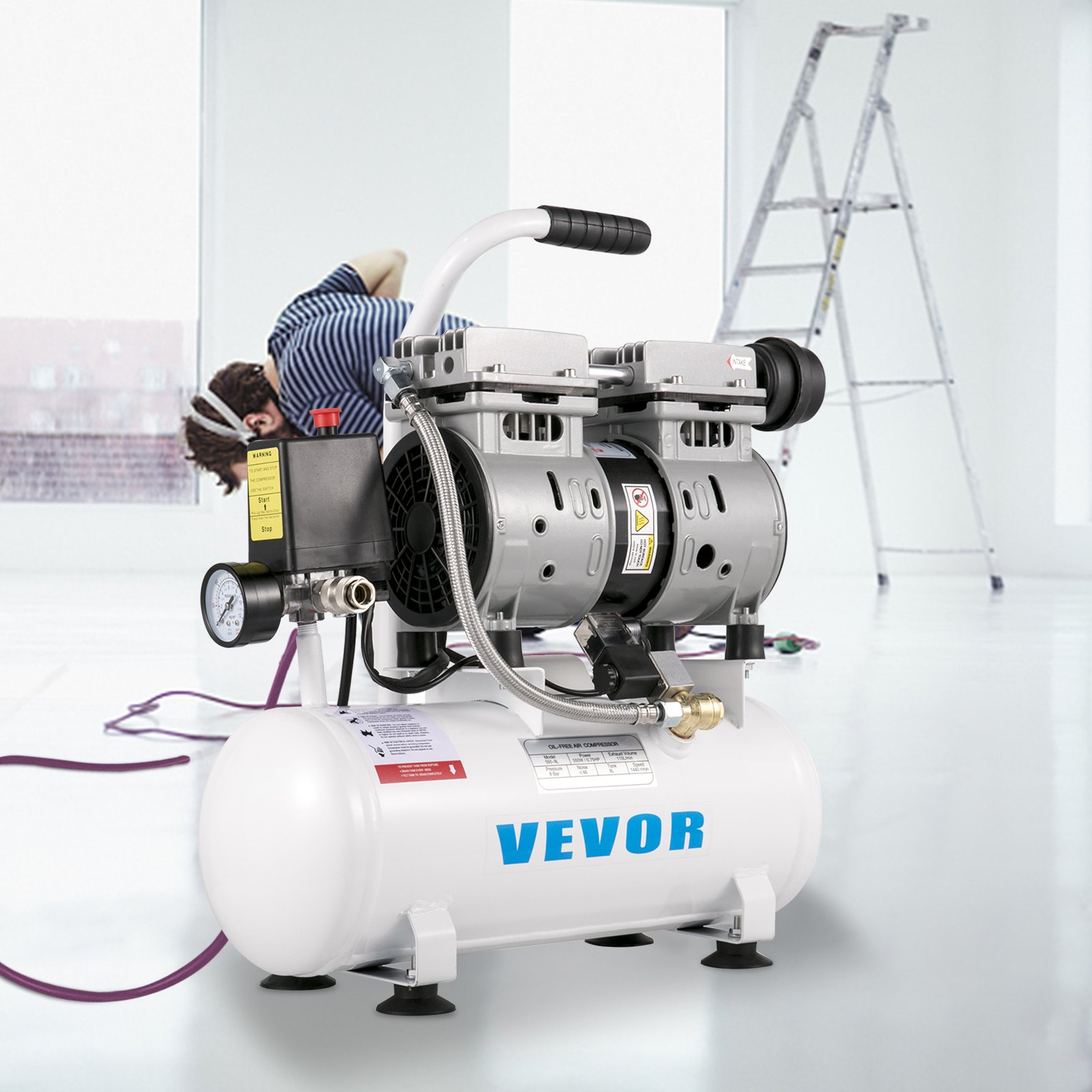 VEVOR Whisper Compressor Bezolejowa sprężarka powietrza 9L 550W Cichy kocioł na sprężone powietrze