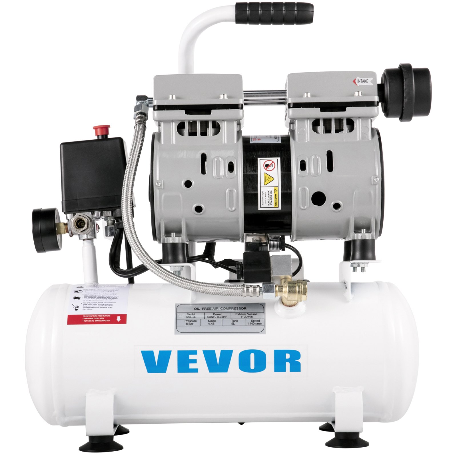 VEVOR Whisper Compressor Bezolejowa sprężarka powietrza 9L 550W Cichy kocioł na sprężone powietrze