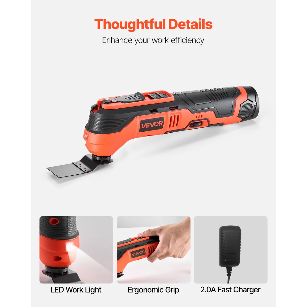 VEVOR Bezprzewodowe narzędzie oscylacyjne, wielofunkcyjne narzędzie 12 V z 6 prędkościami 6000–17500 OPM, kątem oscylacji 3,2°, akumulatorem 2,0 Ah i ładowarką, 8-częściowym zestawem akcesoriów do piły i lampką roboczą LED