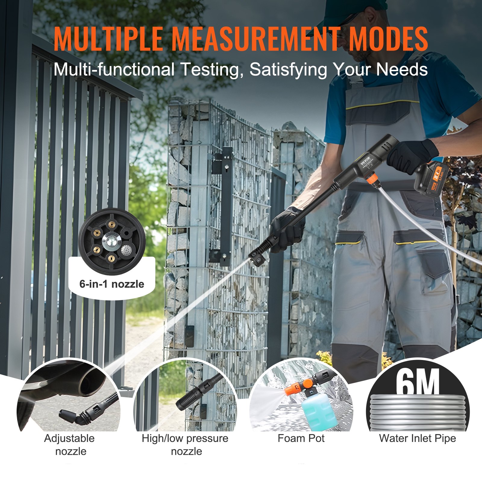 Myjka wysokociśnieniowa bezprzewodowa VEVOR Pistolet natryskowy do myjki ciśnieniowej (21 V, 50 barów, do mobilnego czyszczenia i nawadniania, 3,5 l/min, z akcesoriami, dysza 0°~40°)