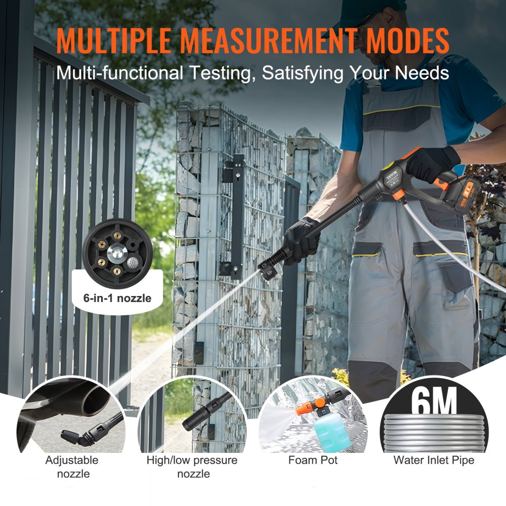 Myjka ciśnieniowa bezprzewodowa VEVOR, pistolet natryskowy do myjki ciśnieniowej (250 W, 21 V, 50 barów, do mobilnego czyszczenia i nawadniania, 4 l/min, w zestawie akcesoria i ładowarka)