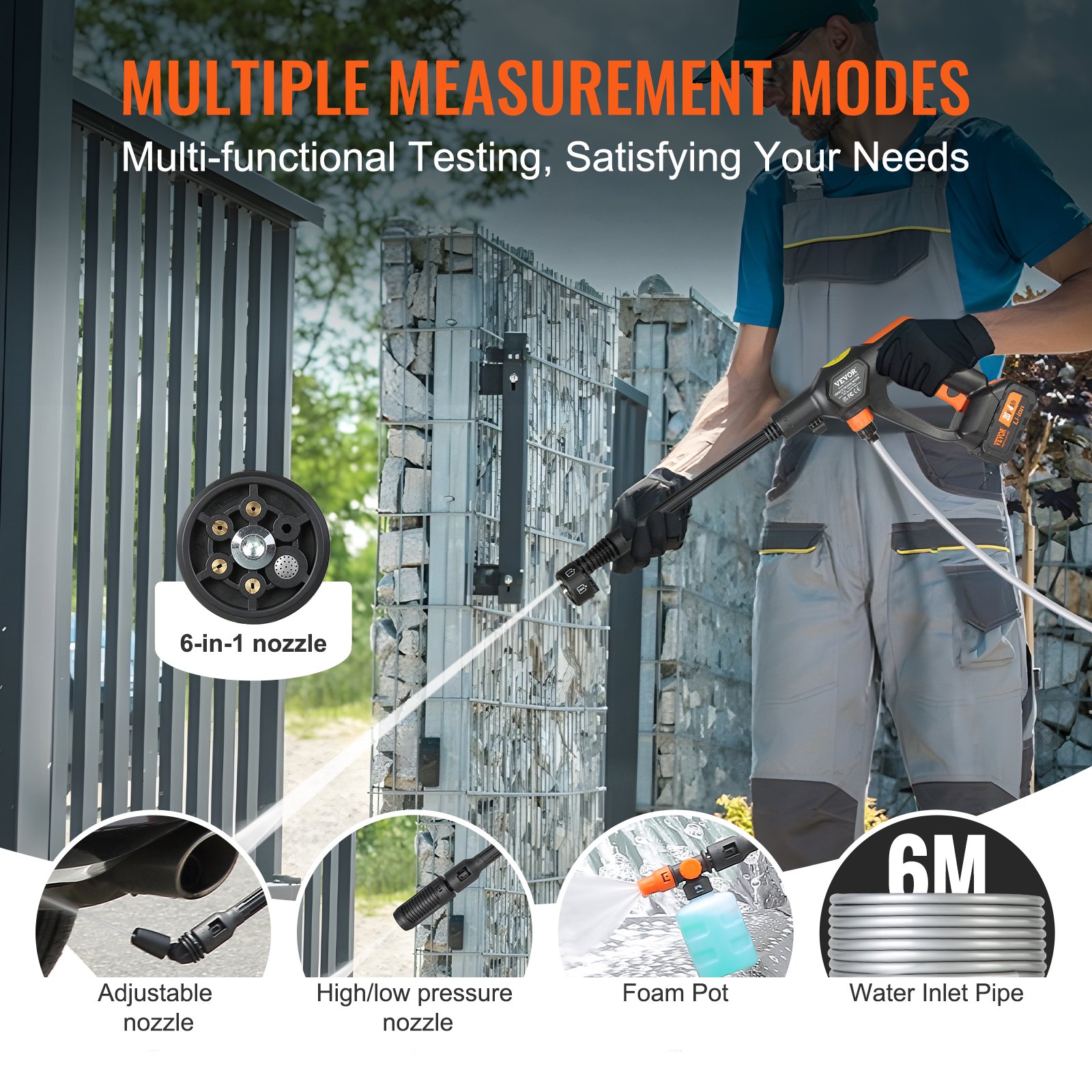 Myjka ciśnieniowa bezprzewodowa VEVOR, pistolet natryskowy do myjki ciśnieniowej (250 W, 21 V, 50 barów, do mobilnego czyszczenia i nawadniania, 4 l/min, w zestawie akcesoria i ładowarka)