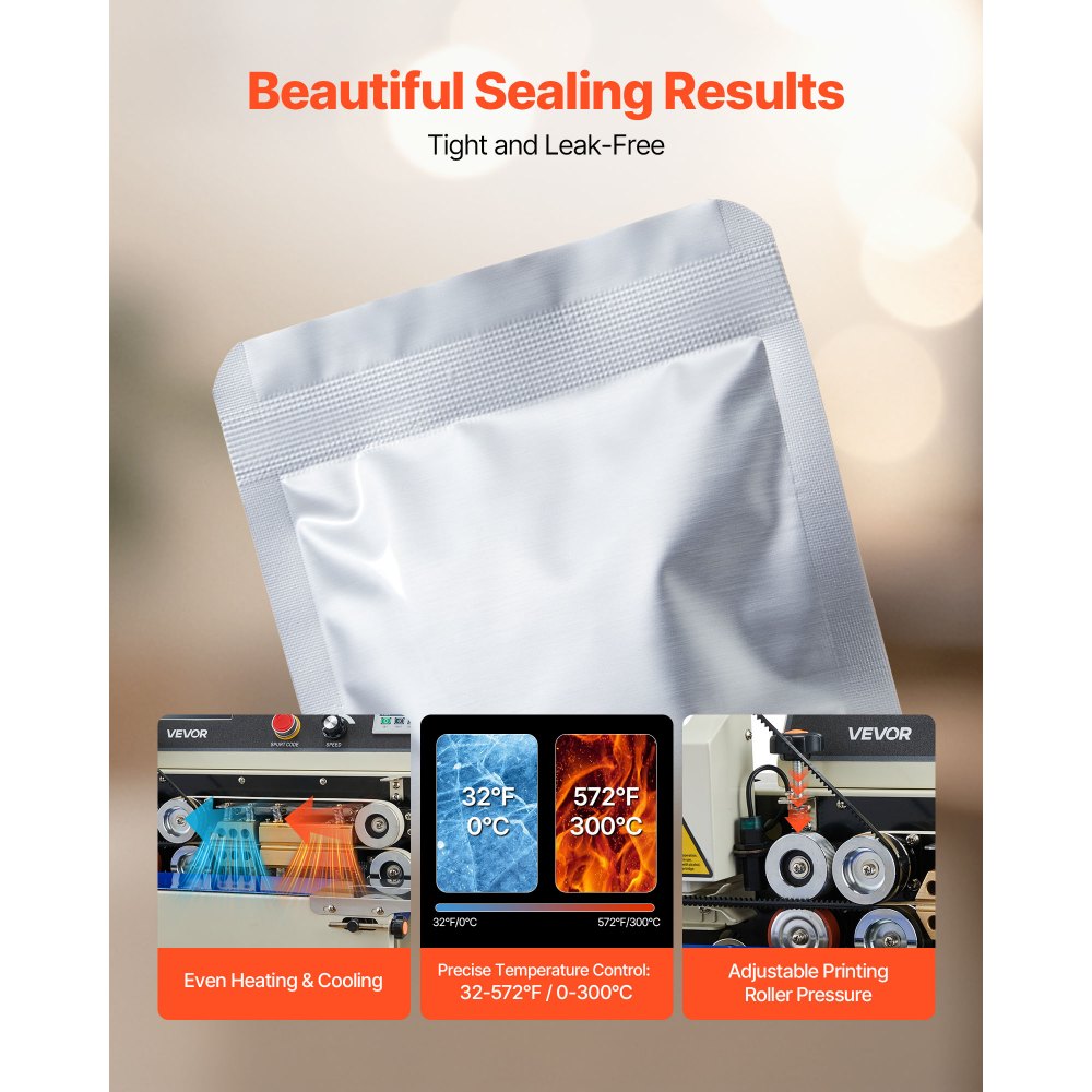 VEVOR Continuous Bag Band Sealing Machine, 6-12 mm Seal Width, Horizontal Band Sealer Machine with Ink Printing, Temp & Speed Adjustable, Commercial Heat Sealer Machine for 0.03-0.8 mm Plastic Bags