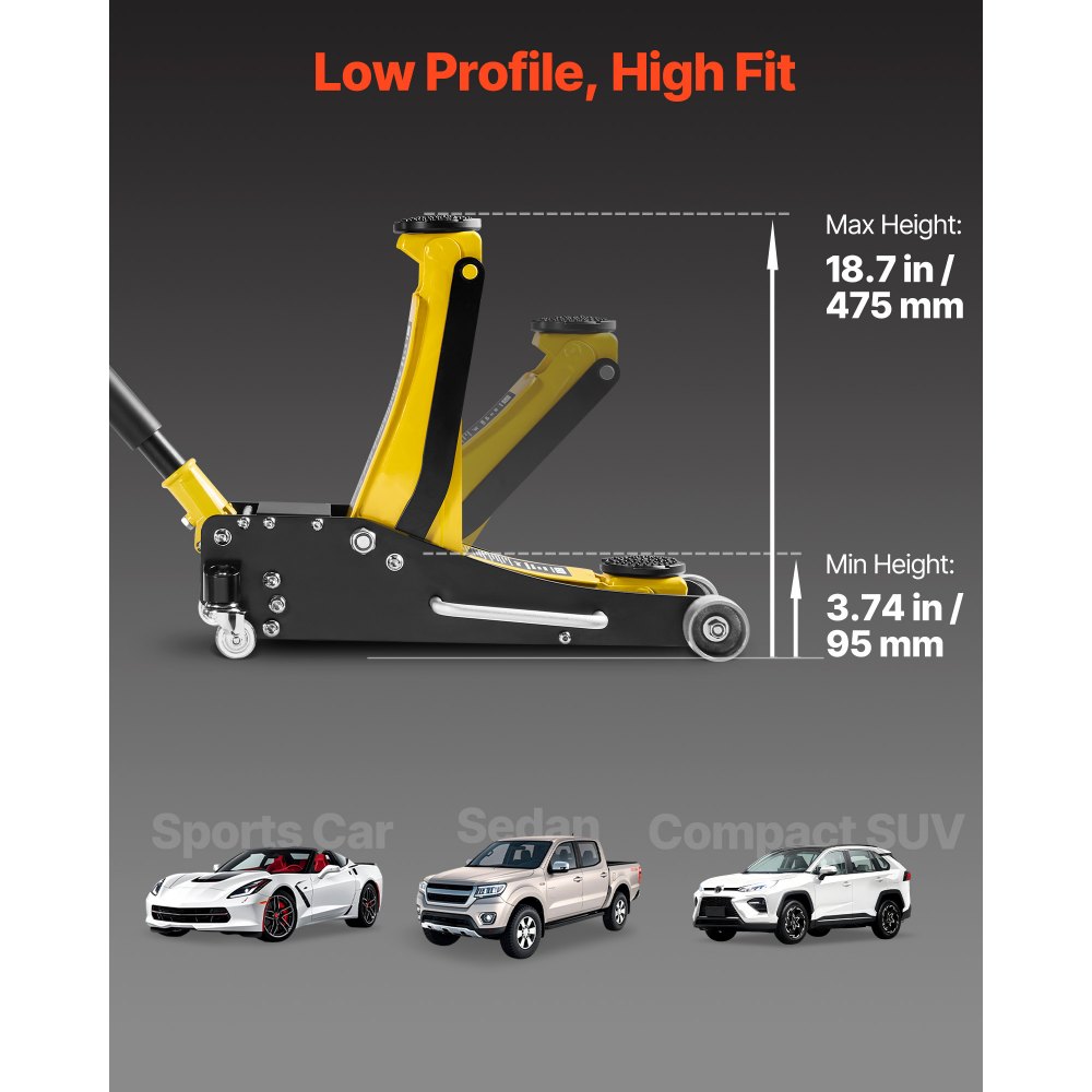 Podnośnik hydrauliczny VEVOR Low-Profile Trolley Jack i koła 360°, udźwig 2,5 t, dwutłokowa pompa szybkiego podnoszenia, wysokość podnoszenia 95–475 mm, podnośnik hydrauliczny do kompaktowych SUV-ów, żółty + czarny