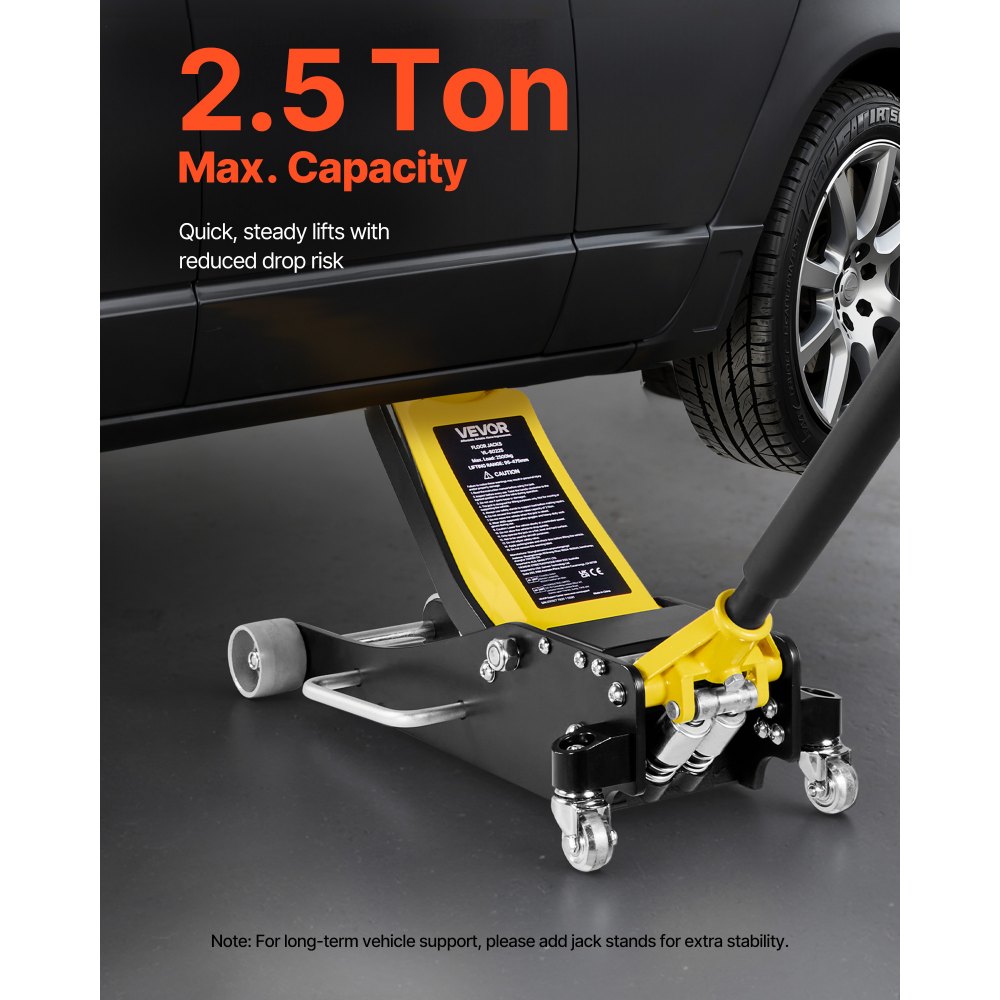 Podnośnik hydrauliczny VEVOR Low-Profile Trolley Jack i koła 360°, udźwig 2,5 t, dwutłokowa pompa szybkiego podnoszenia, wysokość podnoszenia 95–475 mm, podnośnik hydrauliczny do kompaktowych SUV-ów, żółty + czarny