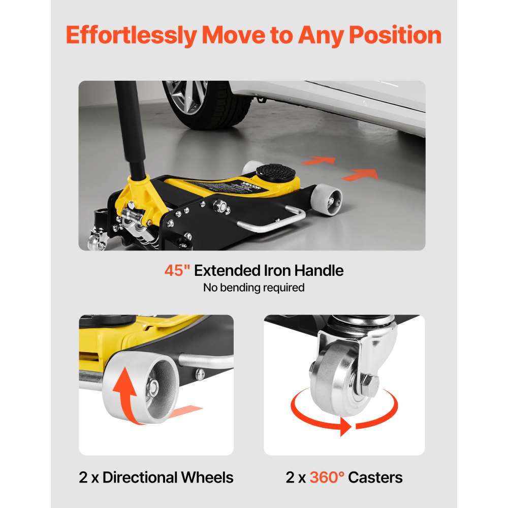 Podnośnik hydrauliczny VEVOR Low-Profile Trolley Jack i koła 360°, udźwig 2,5 t, dwutłokowa pompa szybkiego podnoszenia, wysokość podnoszenia 95–475 mm, podnośnik hydrauliczny do kompaktowych SUV-ów, żółty + czarny