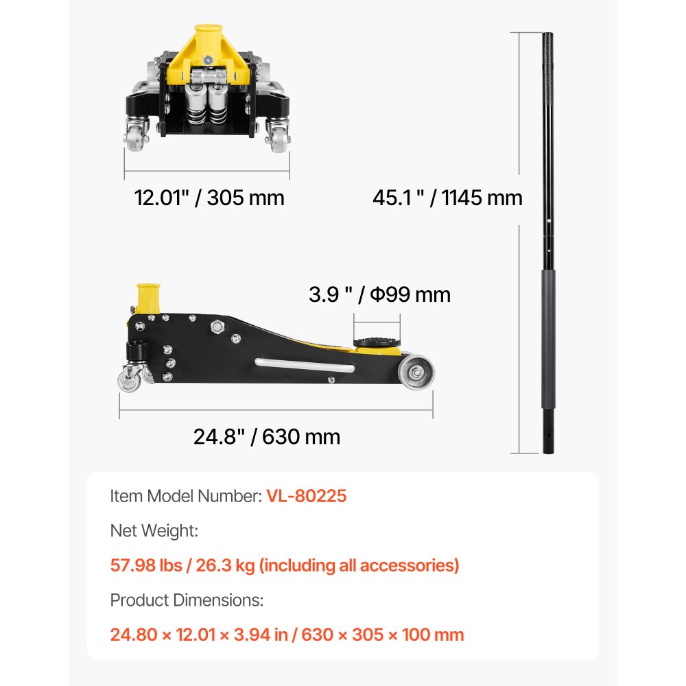 Podnośnik hydrauliczny VEVOR Low-Profile Trolley Jack i koła 360°, udźwig 2,5 t, dwutłokowa pompa szybkiego podnoszenia, wysokość podnoszenia 95–475 mm, podnośnik hydrauliczny do kompaktowych SUV-ów, żółty + czarny