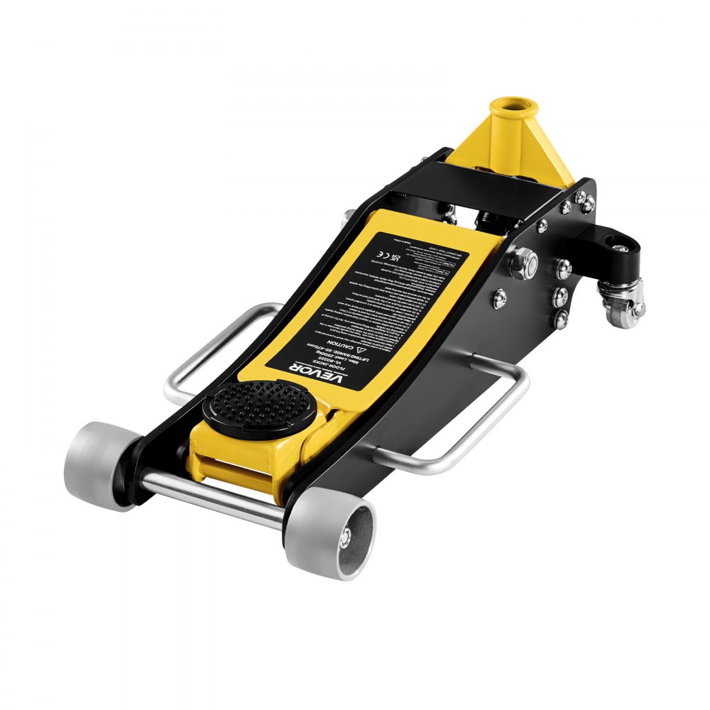 Podnośnik hydrauliczny VEVOR Low-Profile Trolley Jack i koła 360°, udźwig 2,5 t, dwutłokowa pompa szybkiego podnoszenia, wysokość podnoszenia 95–475 mm, podnośnik hydrauliczny do kompaktowych SUV-ów, żółty + czarny