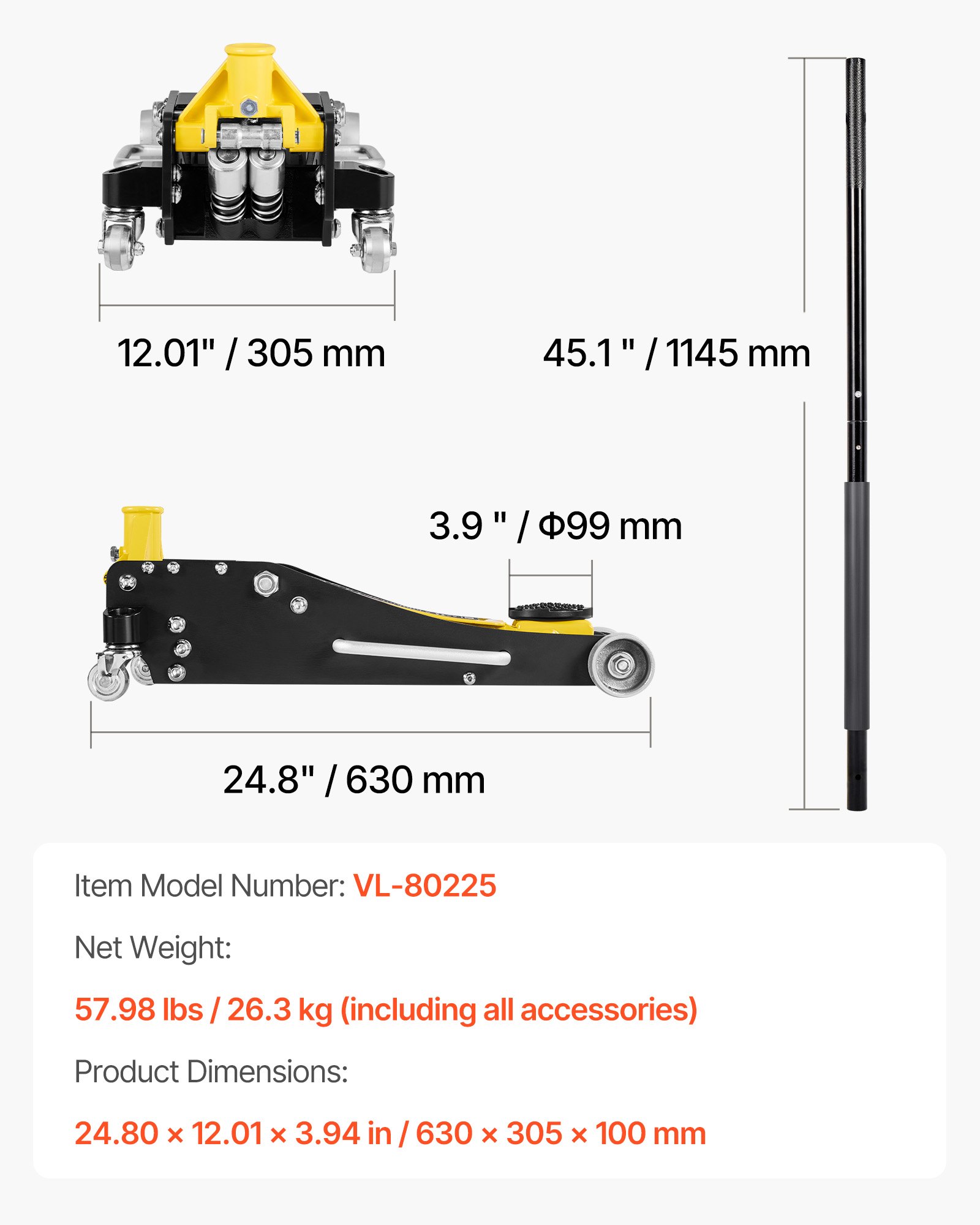 Podnośnik hydrauliczny VEVOR Low-Profile Trolley Jack i koła 360°, udźwig 2,5 t, dwutłokowa pompa szybkiego podnoszenia, wysokość podnoszenia 95–475 mm, podnośnik hydrauliczny do kompaktowych SUV-ów, żółty + czarny