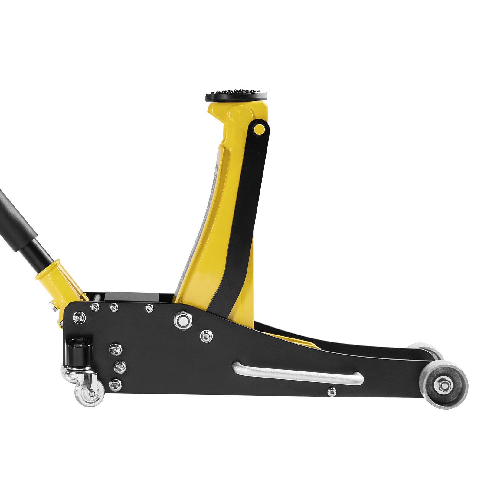 Podnośnik hydrauliczny VEVOR Low-Profile Trolley Jack i koła 360°, udźwig 2,5 t, dwutłokowa pompa szybkiego podnoszenia, wysokość podnoszenia 95–475 mm, podnośnik hydrauliczny do kompaktowych SUV-ów, żółty + czarny