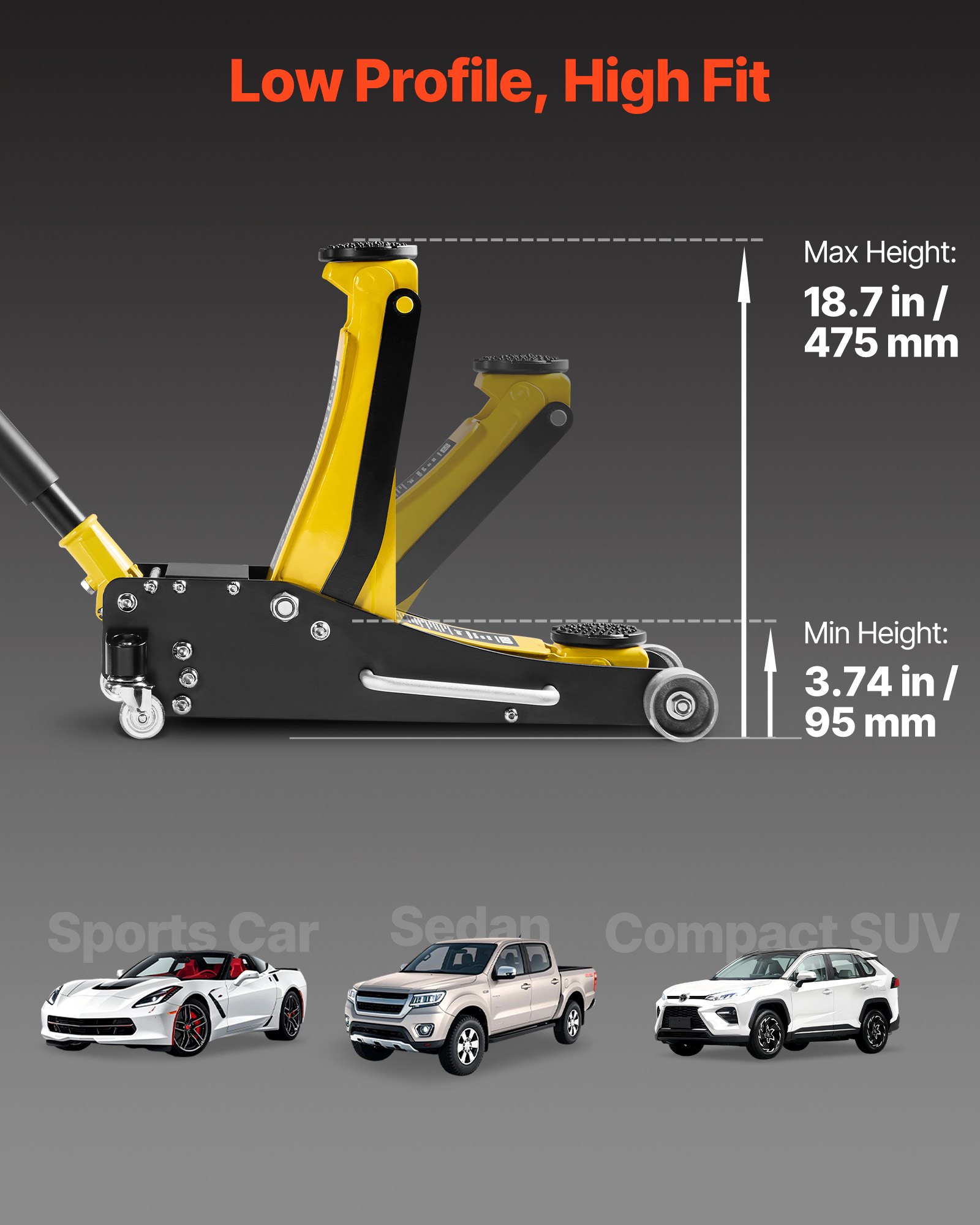 Podnośnik hydrauliczny VEVOR Low-Profile Trolley Jack i koła 360°, udźwig 2,5 t, dwutłokowa pompa szybkiego podnoszenia, wysokość podnoszenia 95–475 mm, podnośnik hydrauliczny do kompaktowych SUV-ów, żółty + czarny