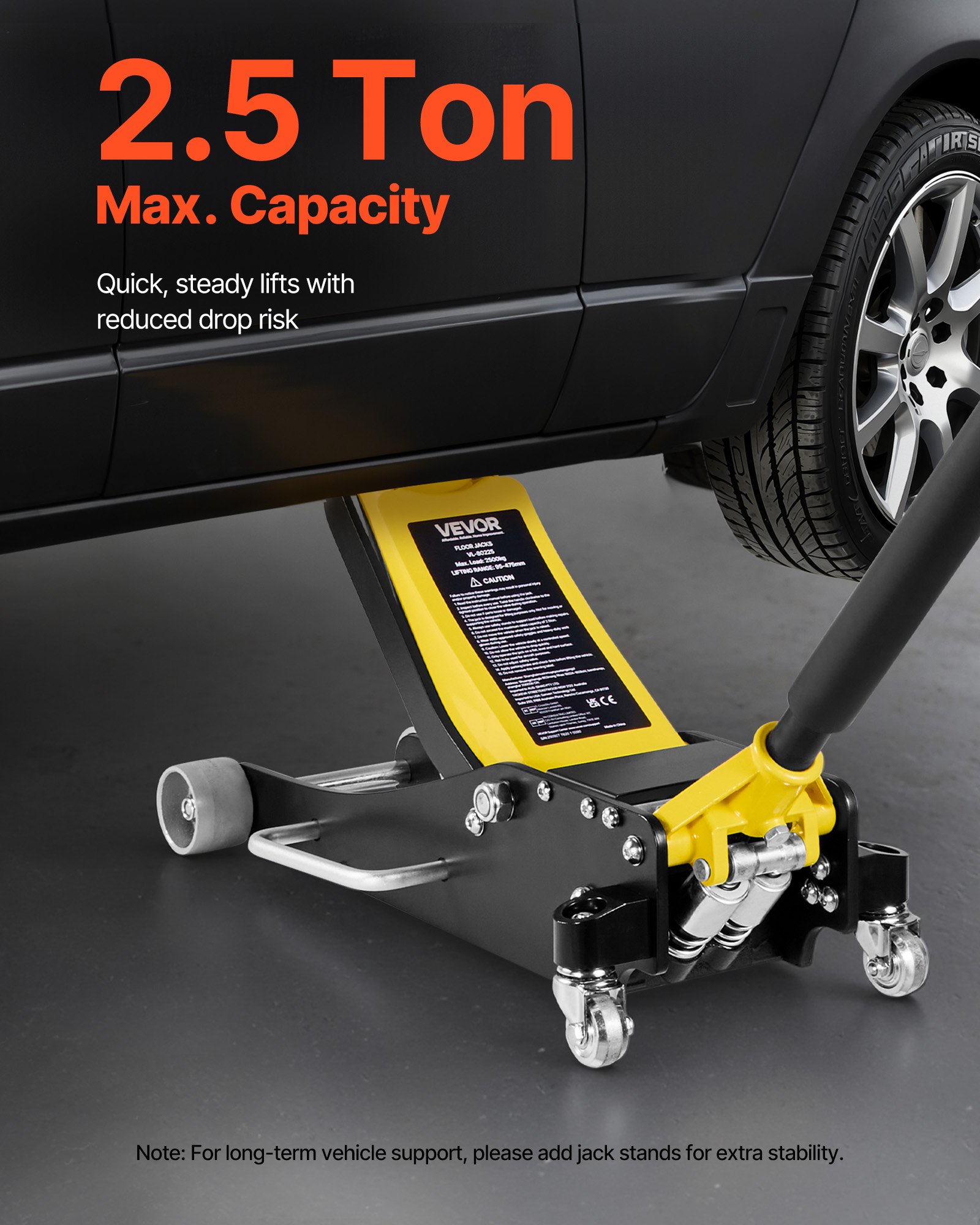 Podnośnik hydrauliczny VEVOR Low-Profile Trolley Jack i koła 360°, udźwig 2,5 t, dwutłokowa pompa szybkiego podnoszenia, wysokość podnoszenia 95–475 mm, podnośnik hydrauliczny do kompaktowych SUV-ów, żółty + czarny
