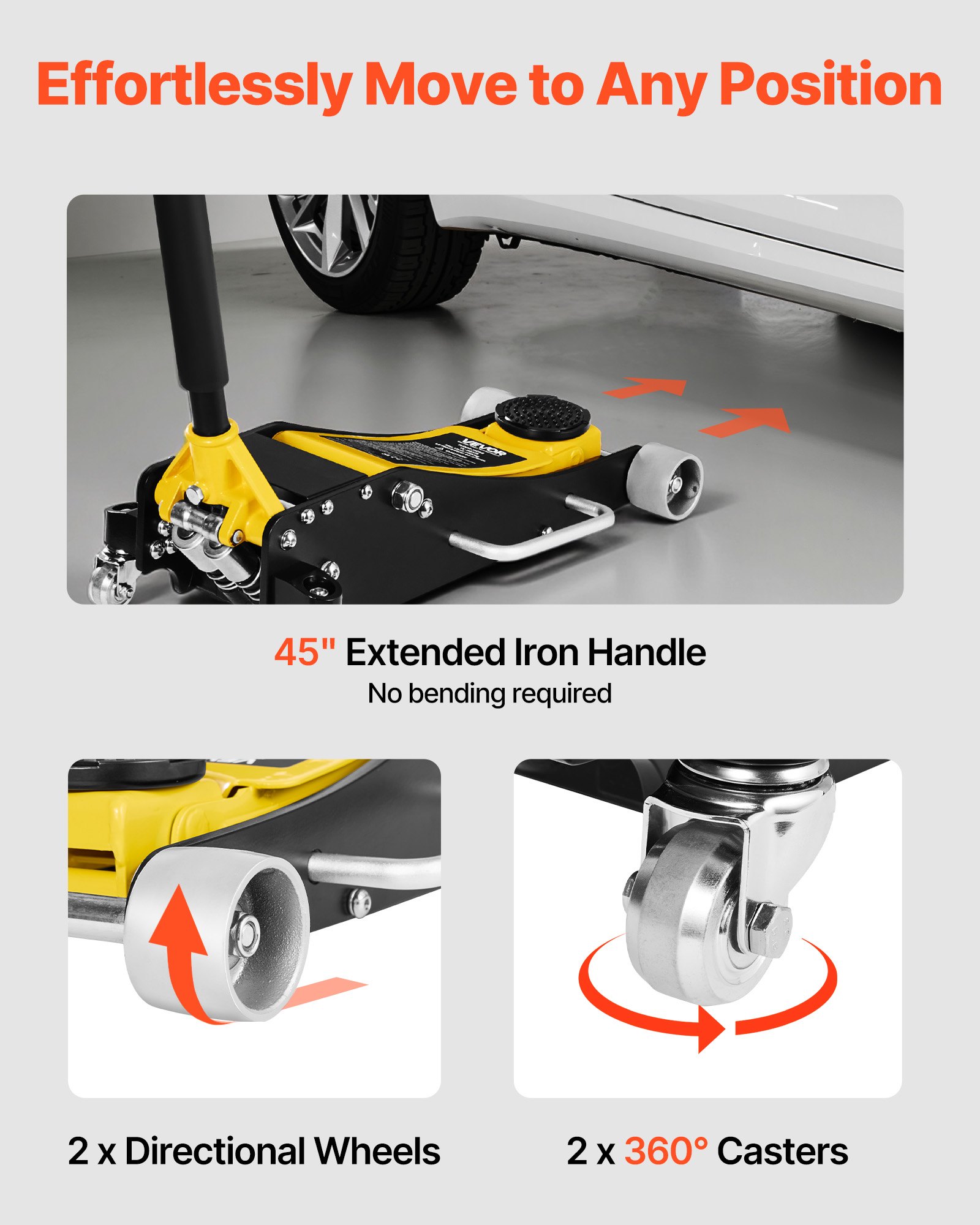 Podnośnik hydrauliczny VEVOR Low-Profile Trolley Jack i koła 360°, udźwig 2,5 t, dwutłokowa pompa szybkiego podnoszenia, wysokość podnoszenia 95–475 mm, podnośnik hydrauliczny do kompaktowych SUV-ów, żółty + czarny