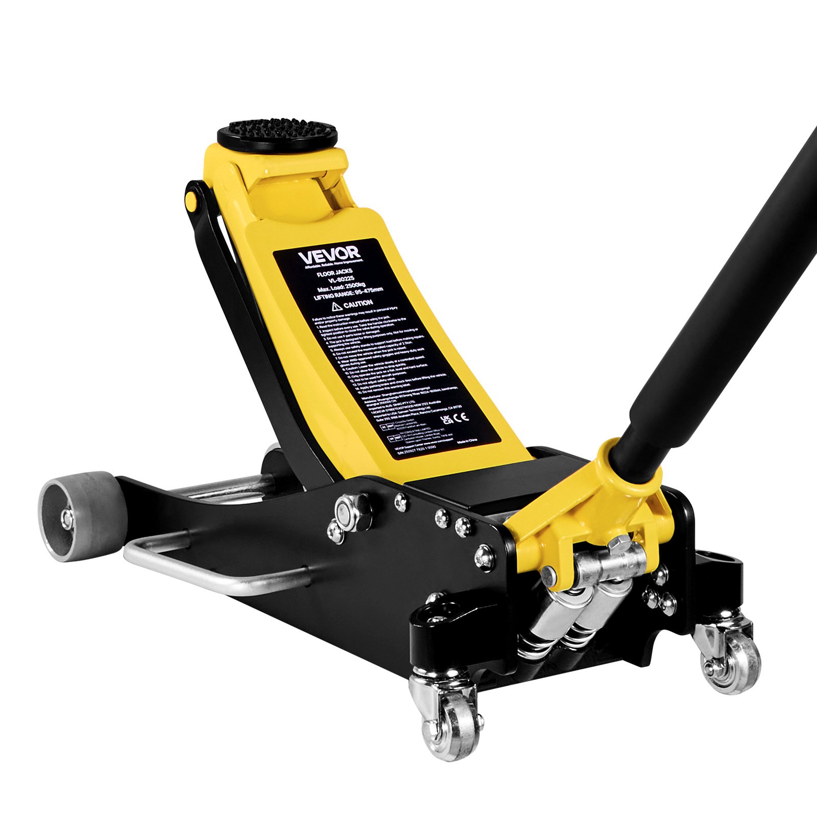 Podnośnik hydrauliczny VEVOR Low-Profile Trolley Jack i koła 360°, udźwig 2,5 t, dwutłokowa pompa szybkiego podnoszenia, wysokość podnoszenia 95–475 mm, podnośnik hydrauliczny do kompaktowych SUV-ów, żółty + czarny