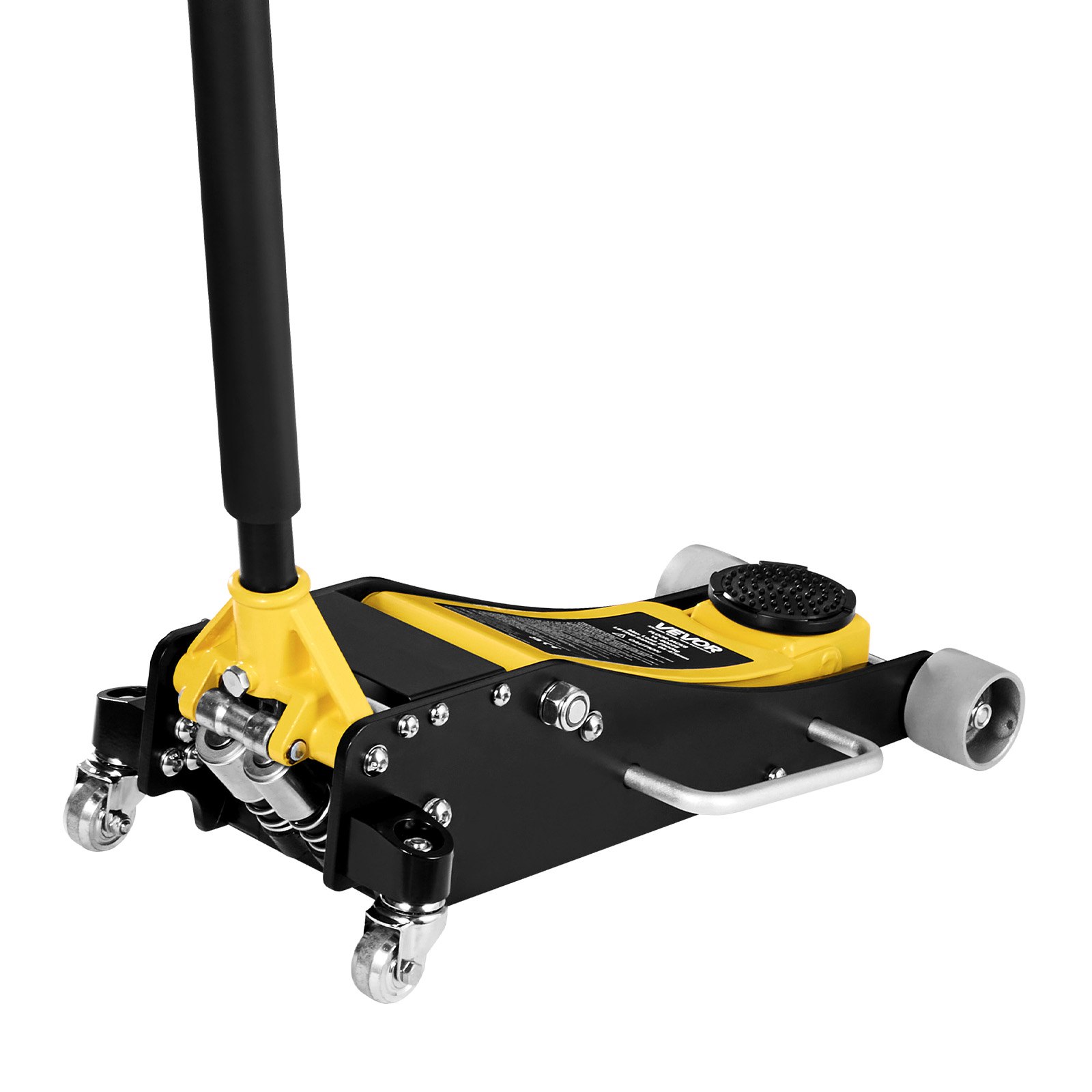 Podnośnik hydrauliczny VEVOR Low-Profile Trolley Jack i koła 360°, udźwig 2,5 t, dwutłokowa pompa szybkiego podnoszenia, wysokość podnoszenia 95–475 mm, podnośnik hydrauliczny do kompaktowych SUV-ów, żółty + czarny