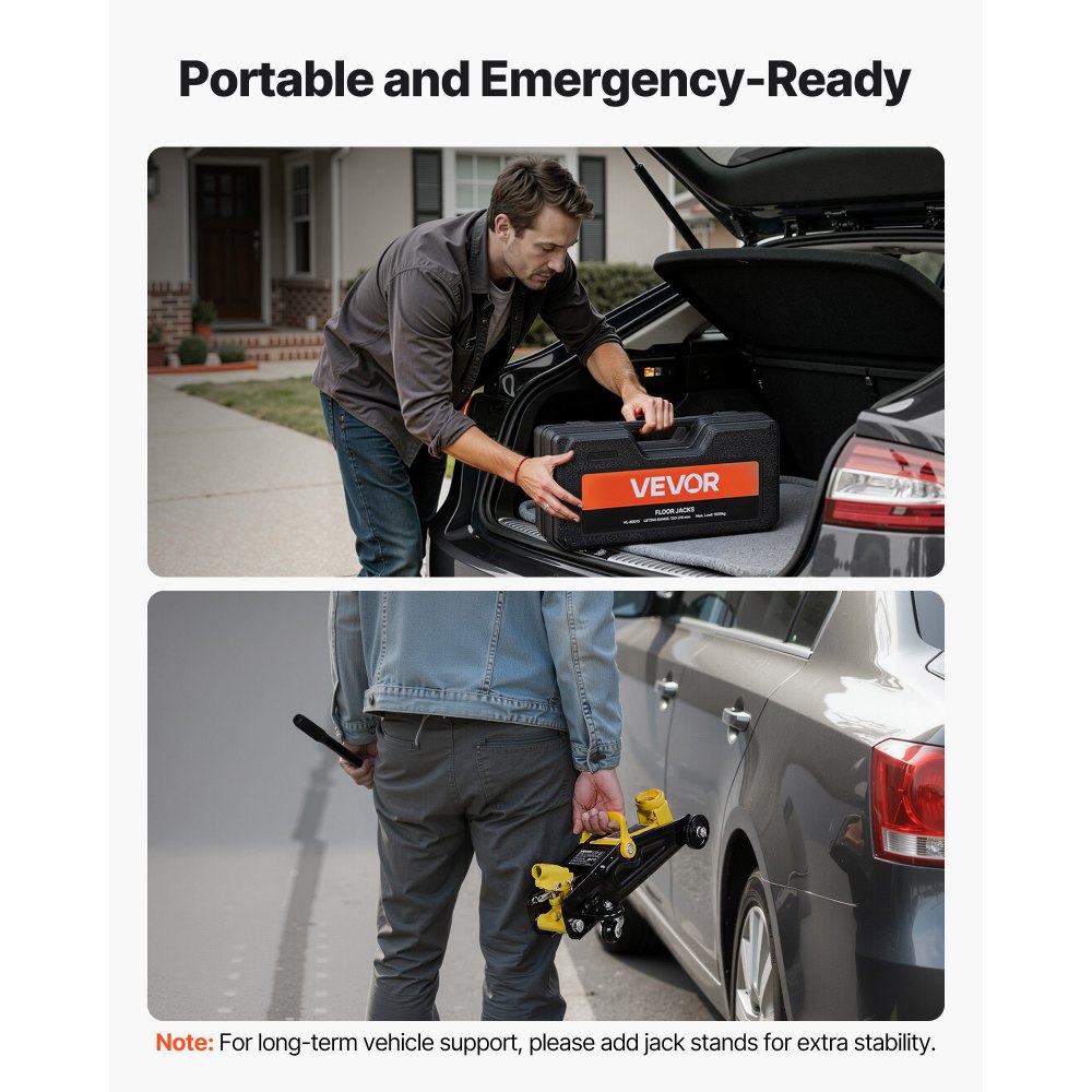 Podnośnik hydrauliczny VEVOR Low-Profile Trolley Jack i koła 360°, udźwig 1,5 t, pompa jednotłokowa Quick-Lift, wysokość podnoszenia 13-31 cm, podnośnik hydrauliczny do samochodów sportowych i sedanów, kolor żółty i czarny