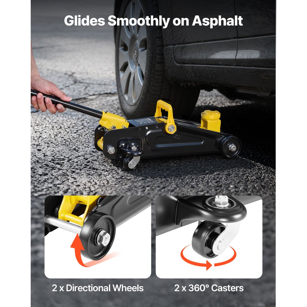 Podnośnik hydrauliczny VEVOR Low-Profile Trolley Jack i koła 360°, udźwig 1,5 t, pompa jednotłokowa Quick-Lift, wysokość podnoszenia 13-31 cm, podnośnik hydrauliczny do samochodów sportowych i sedanów, kolor żółty i czarny