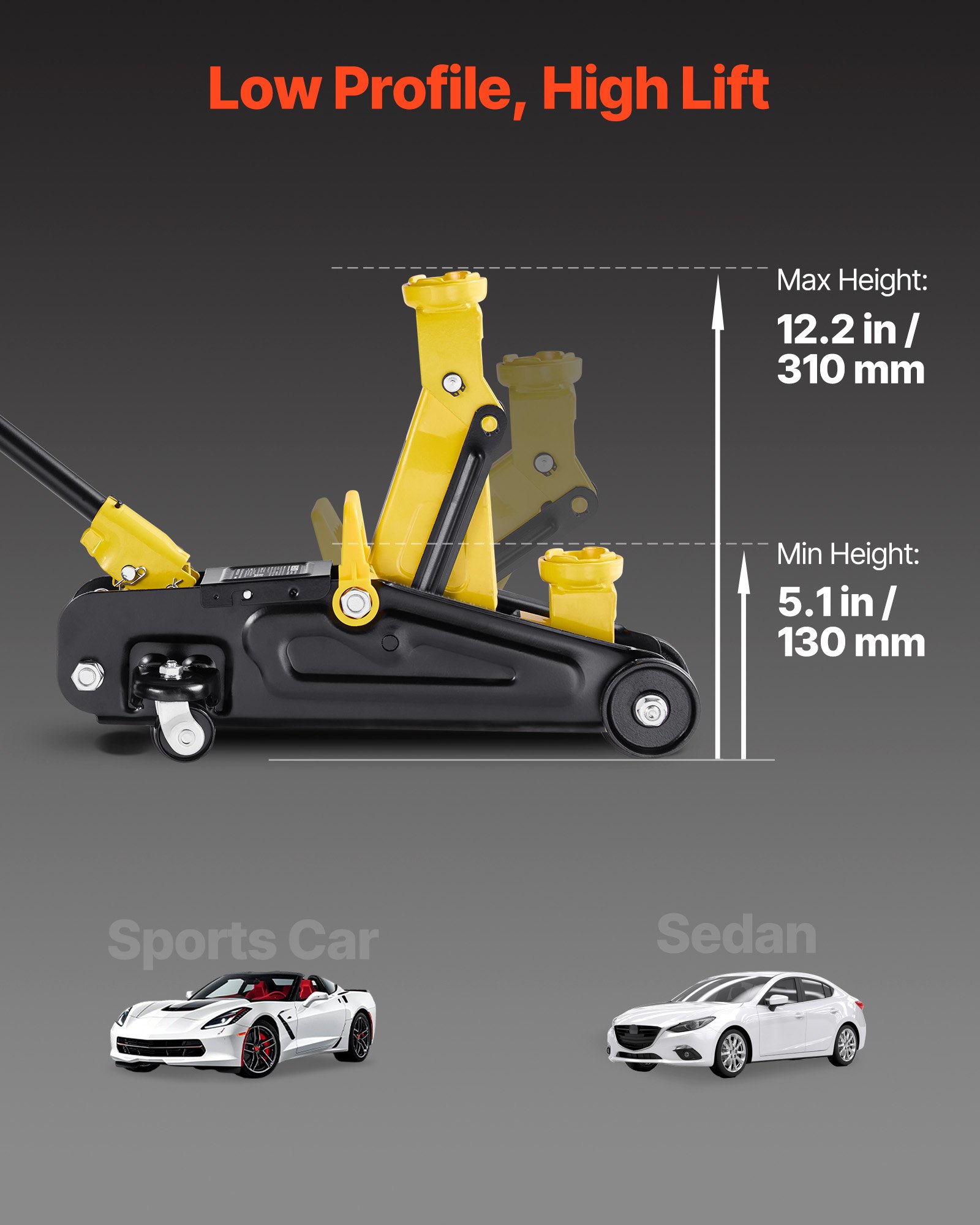 Podnośnik hydrauliczny VEVOR Low-Profile Trolley Jack i koła 360°, udźwig 1,5 t, pompa jednotłokowa Quick-Lift, wysokość podnoszenia 13-31 cm, podnośnik hydrauliczny do samochodów sportowych i sedanów, kolor żółty i czarny